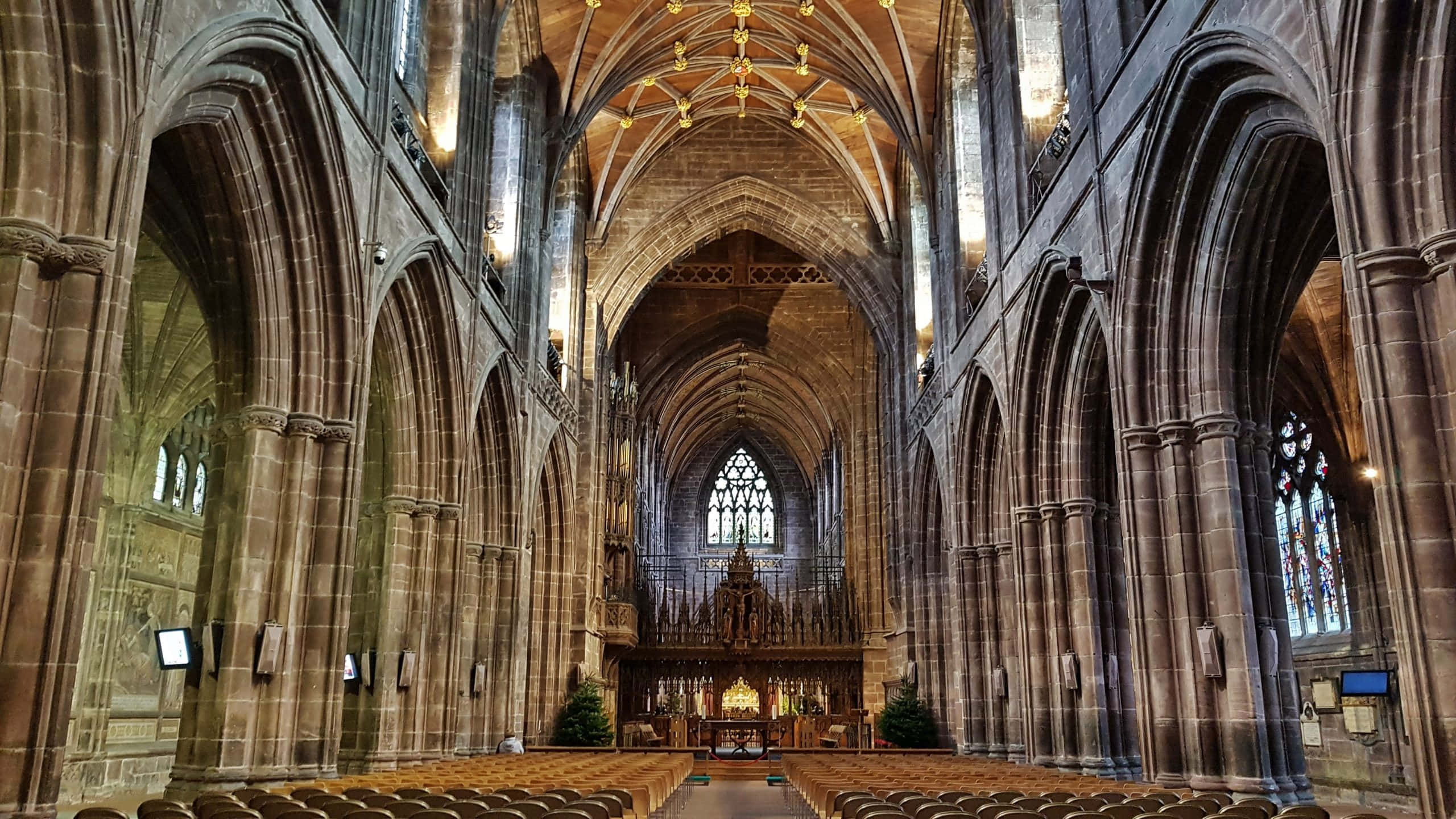 Chester Cathedral, stone arches, stained glass windows, 2K Desktop Wallpaper
