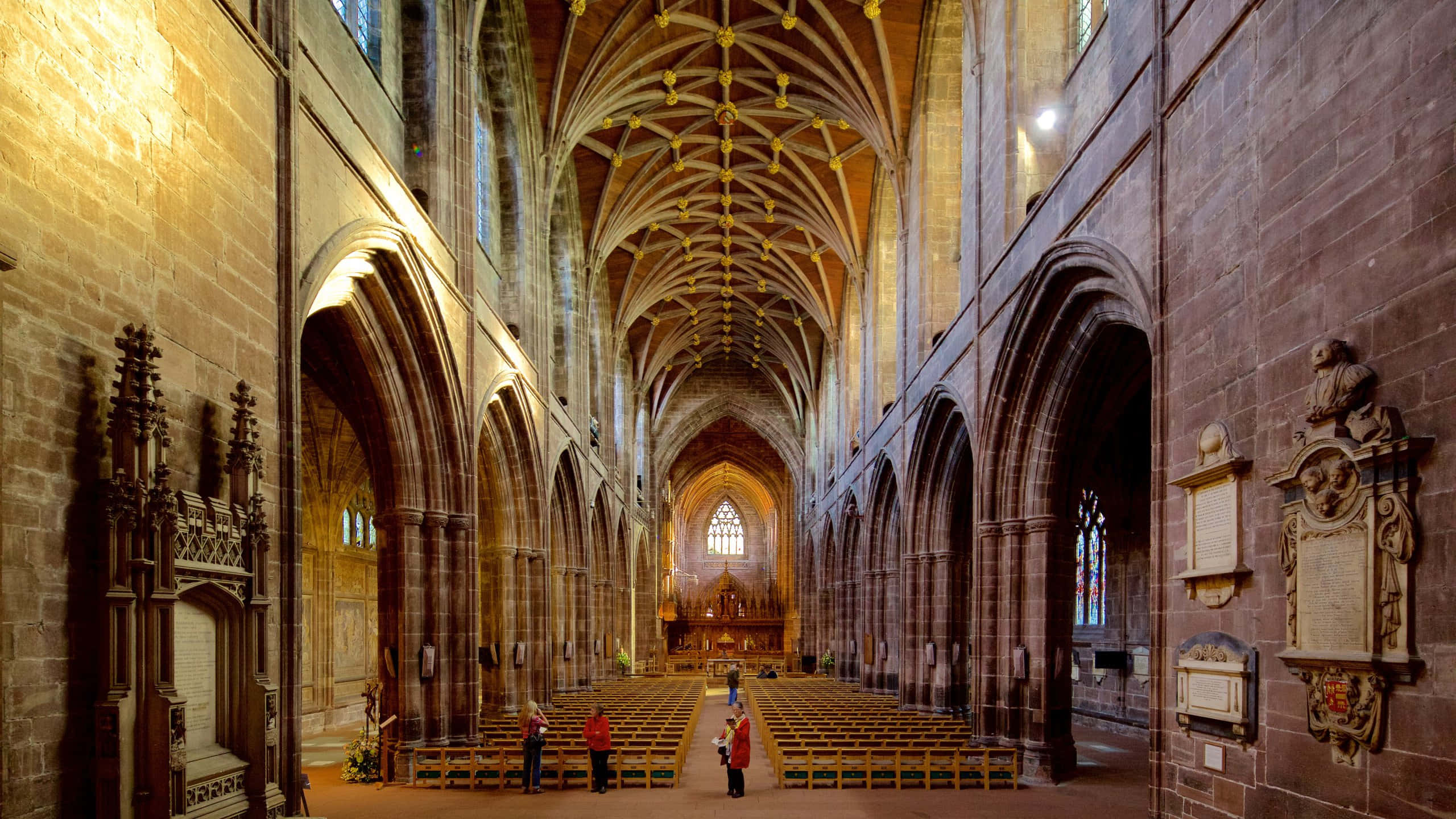 Chester Cathedral, stone arches, golden light, 2K Desktop Wallpaper
