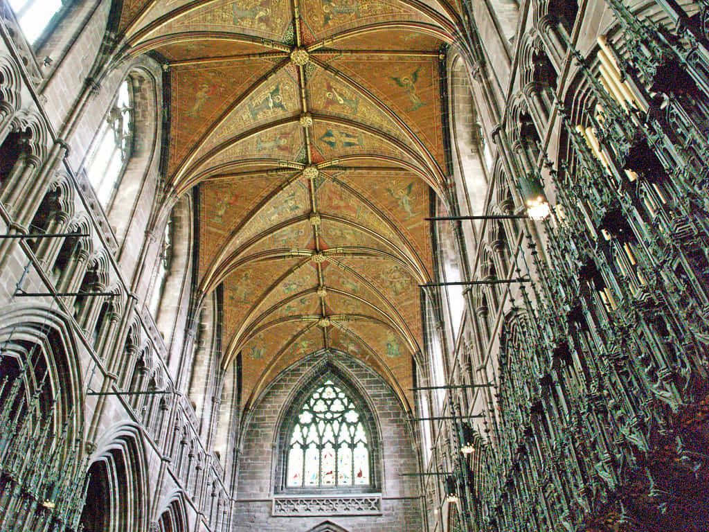 Chester Cathedral, Gothic ceiling, vaulted ceiling frescoes, SD Desktop Wallpaper