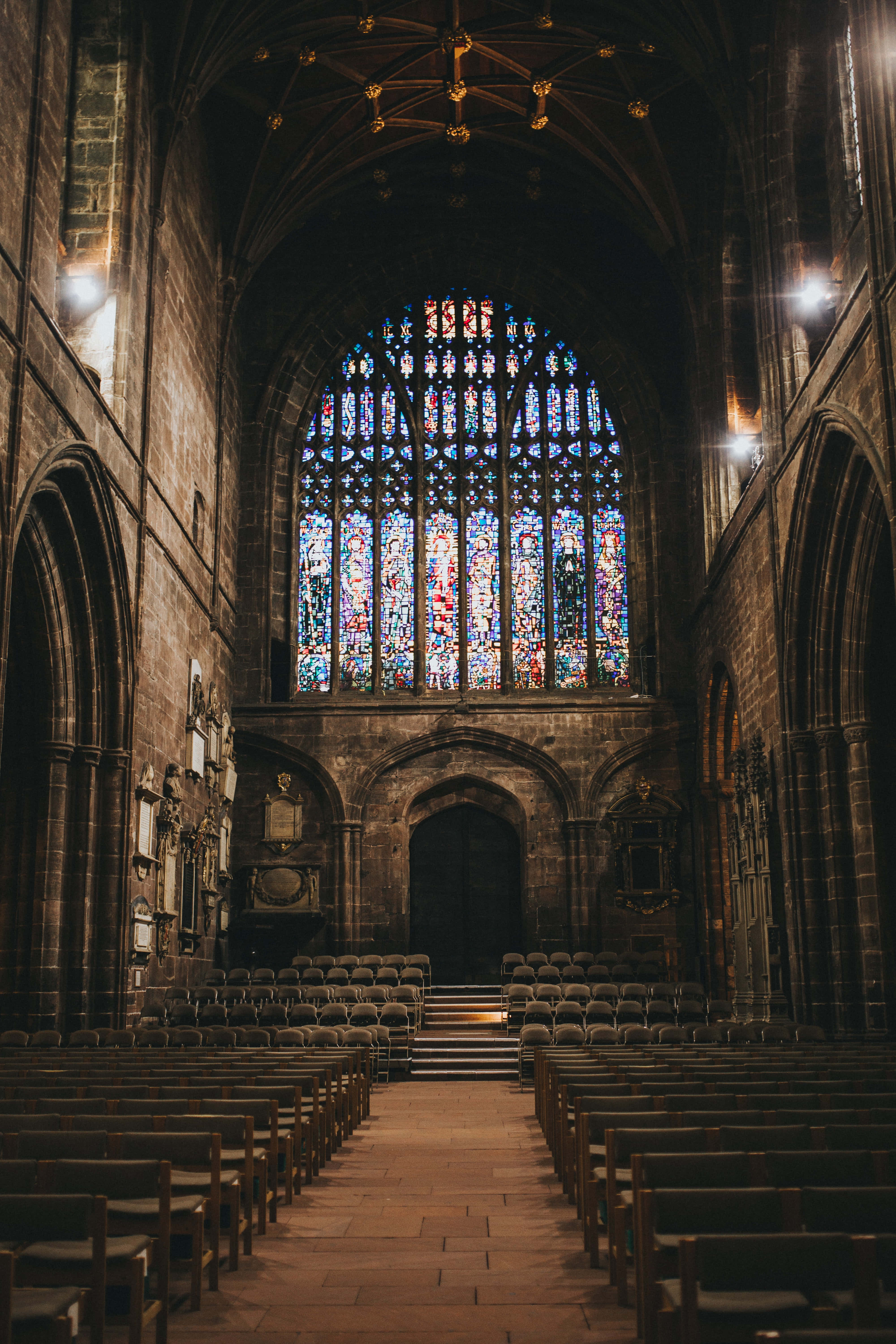 Chester Cathedral, stained glass window, wooden pews, 5K Phone Wallpaper