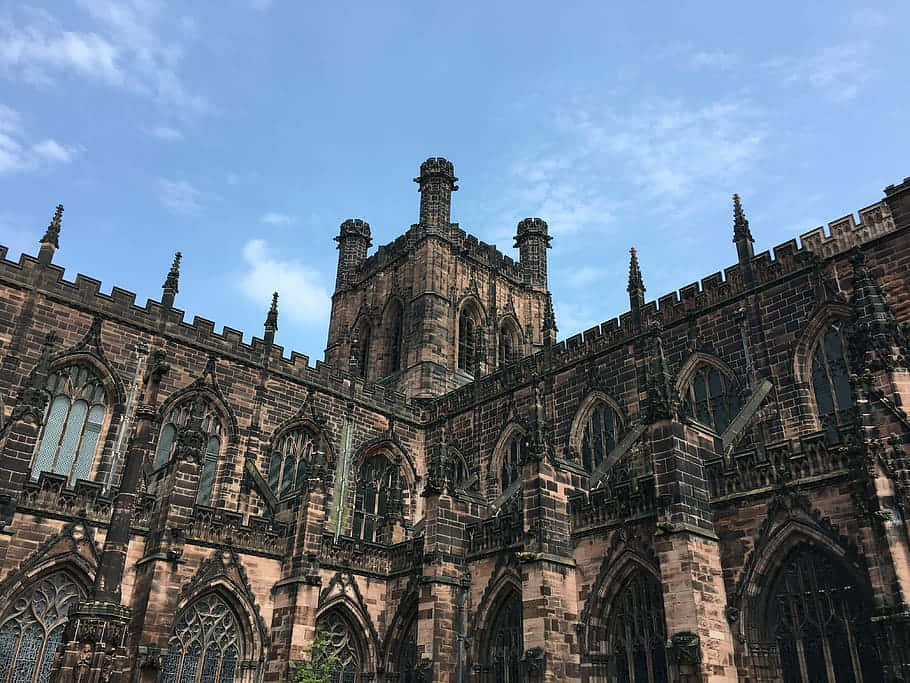 Chester Cathedral, Gothic exterior, bright blue sky, SD Desktop Wallpaper