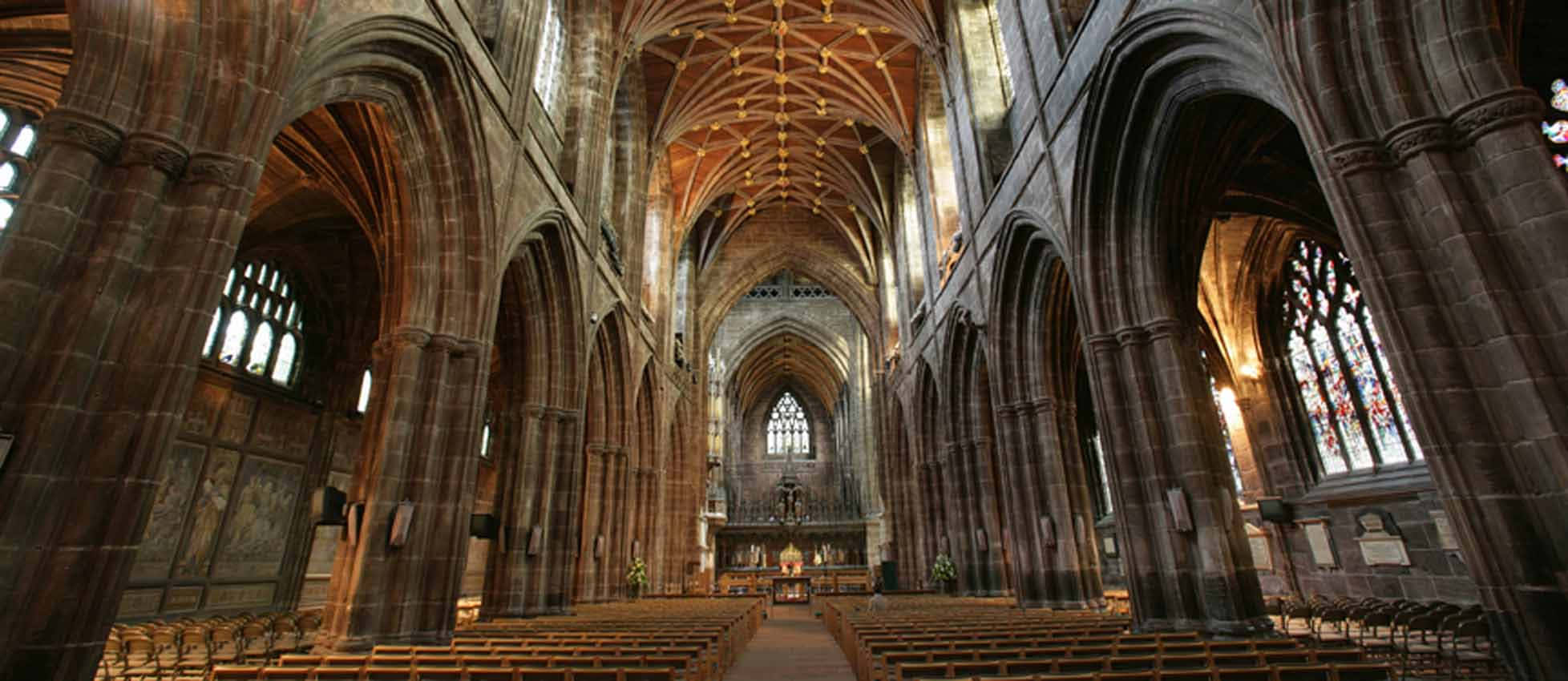 Chester Cathedral, stone arches, stained glass windows, Full HD Desktop Wallpaper