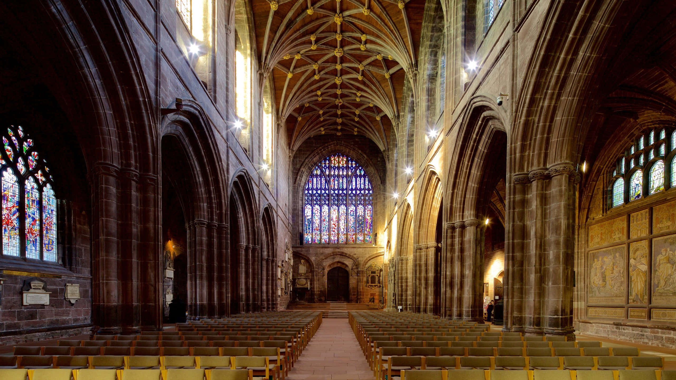 Chester Cathedral, stone vaulted ceilings, stained glass windows, 2K Desktop Wallpaper