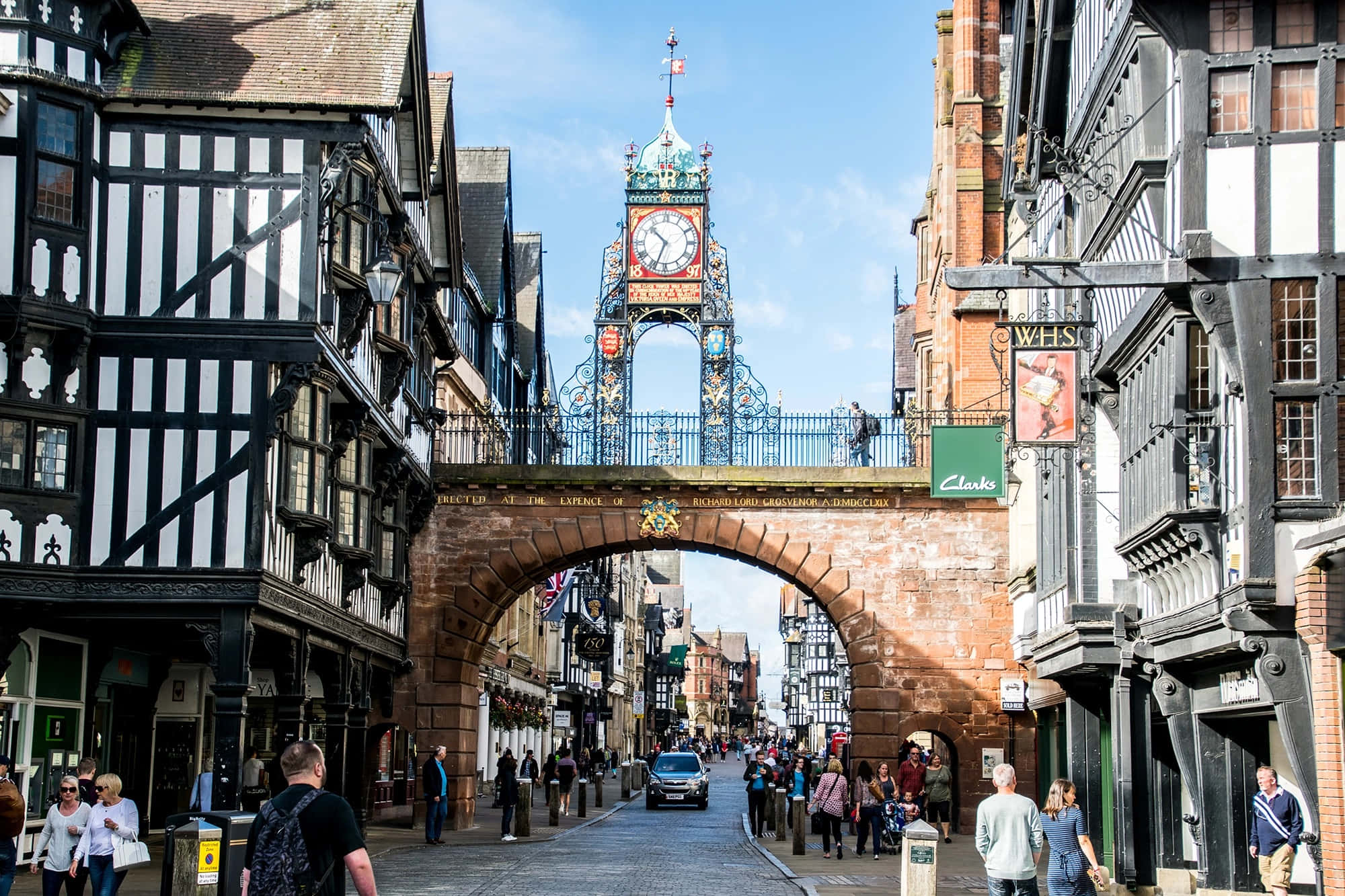 Chester Cityscape, timber-framed buildings, grand clock tower archway, Full HD Desktop Wallpaper