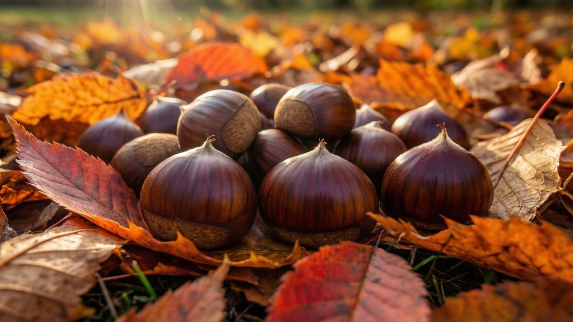 autumn leaves, chestnuts, macro shot, Full HD Desktop Wallpaper