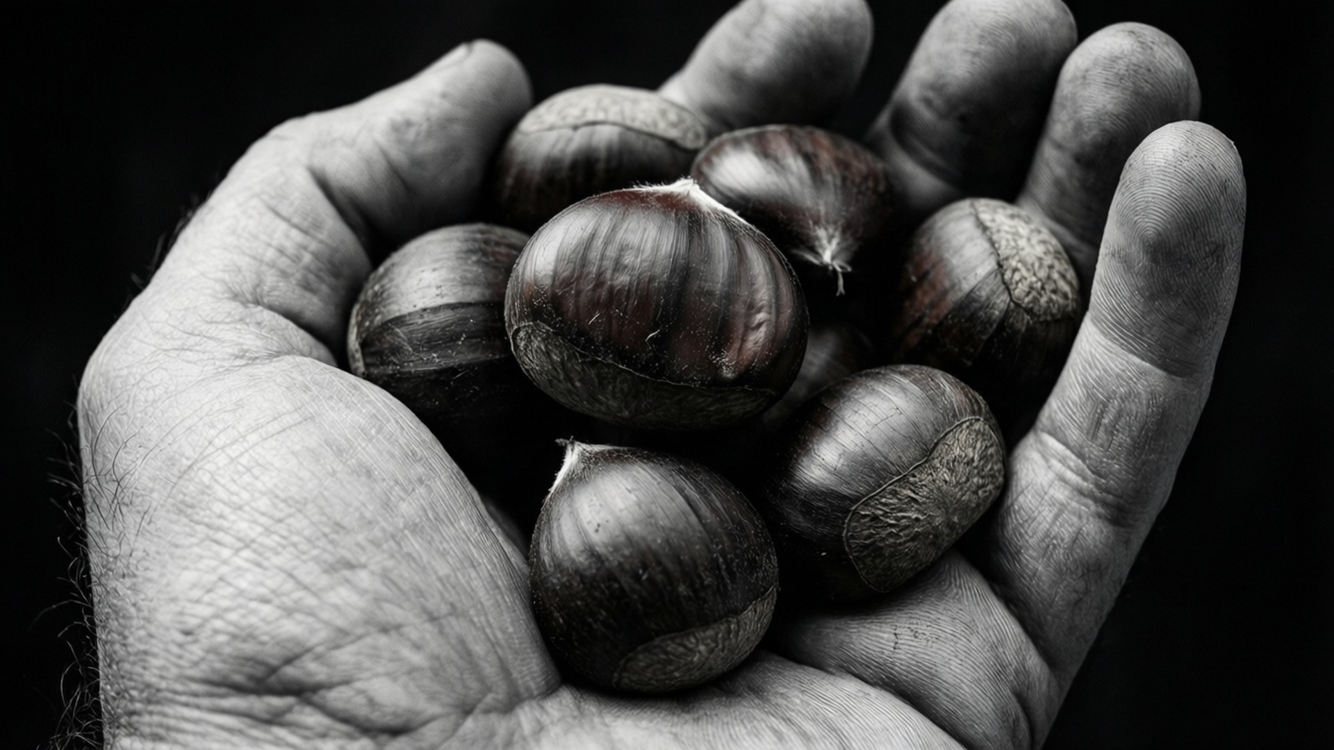 hand, chestnuts, black and white, Full HD Desktop Wallpaper