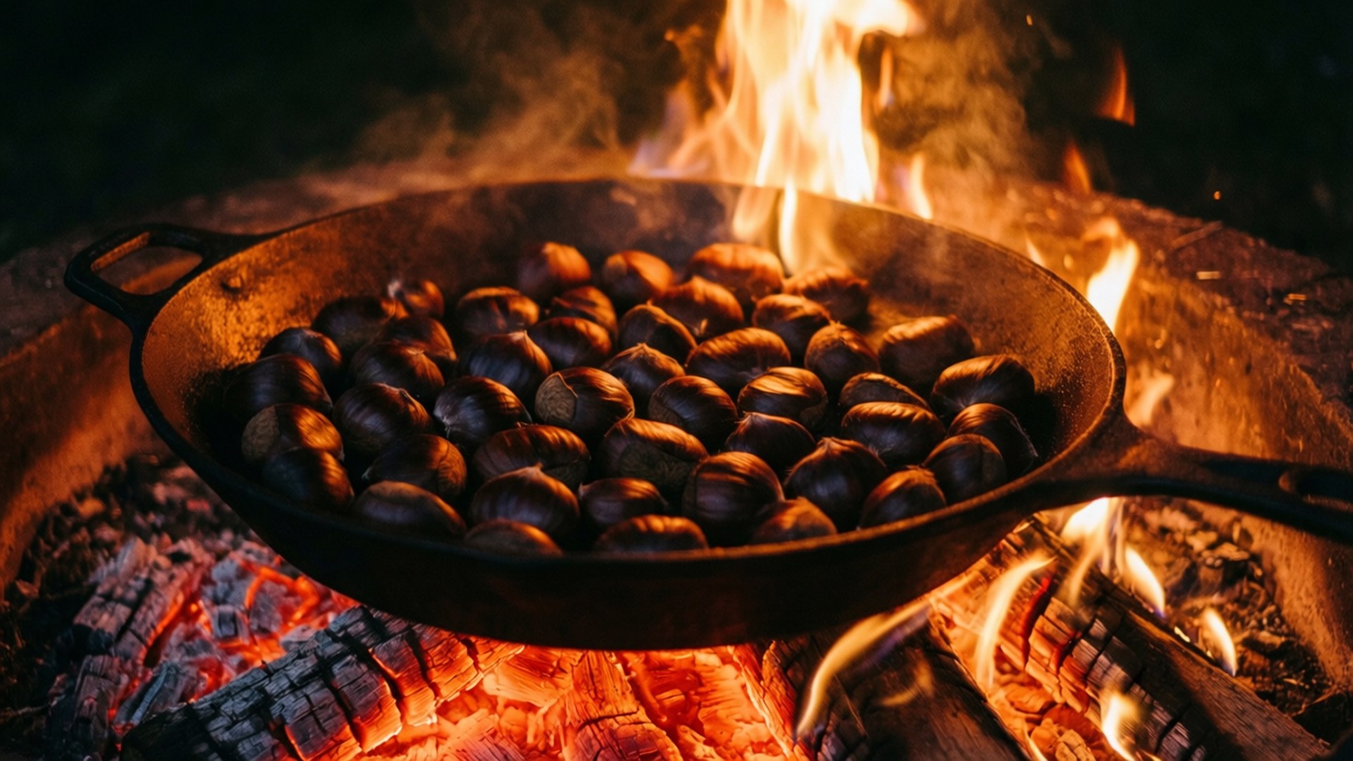 cast iron skillet, chestnuts, glowing embers, Full HD Desktop Wallpaper