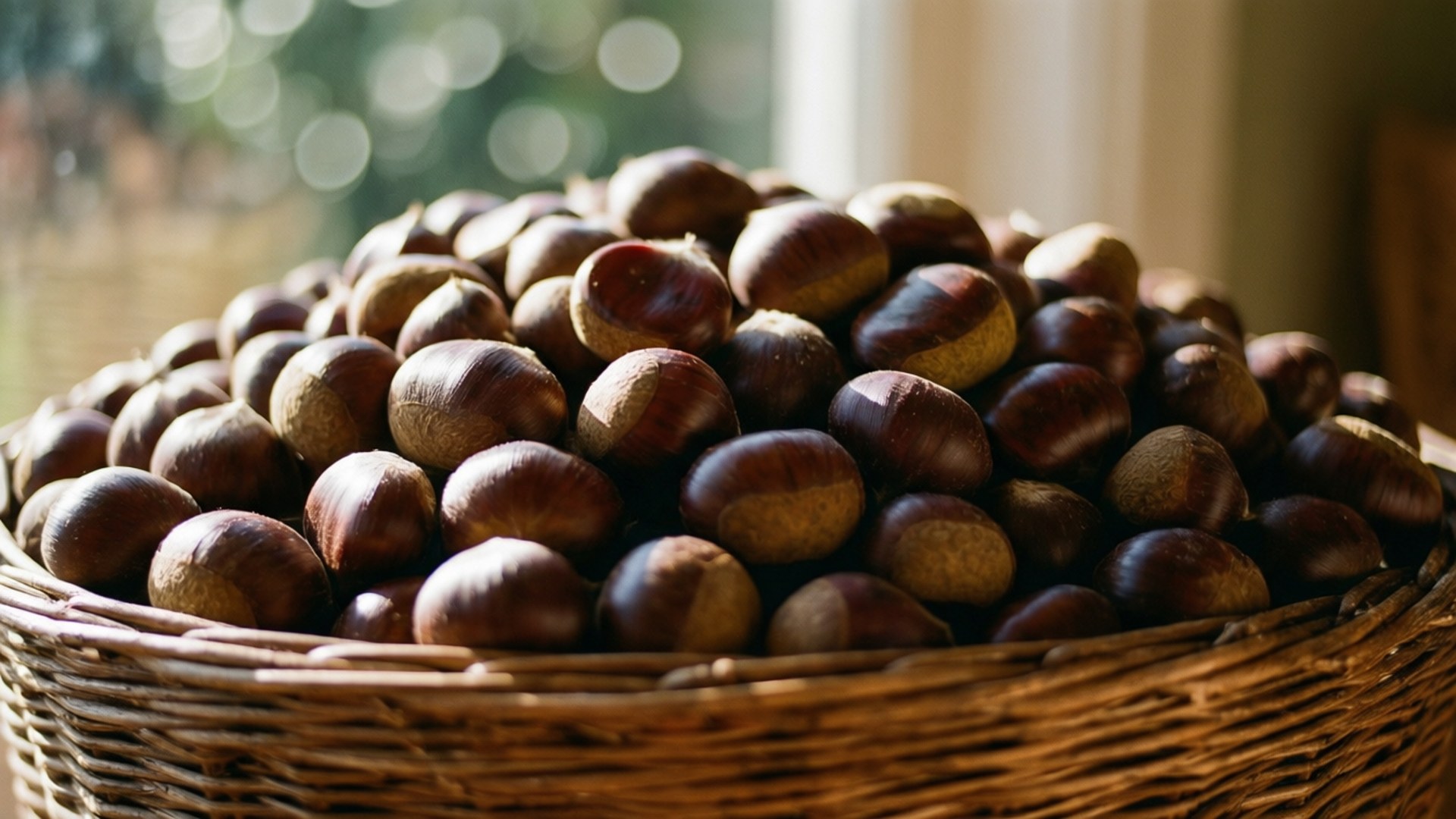 basket of chestnuts, glossy brown chestnuts, warm golden sunlight, Full HD Desktop Wallpaper