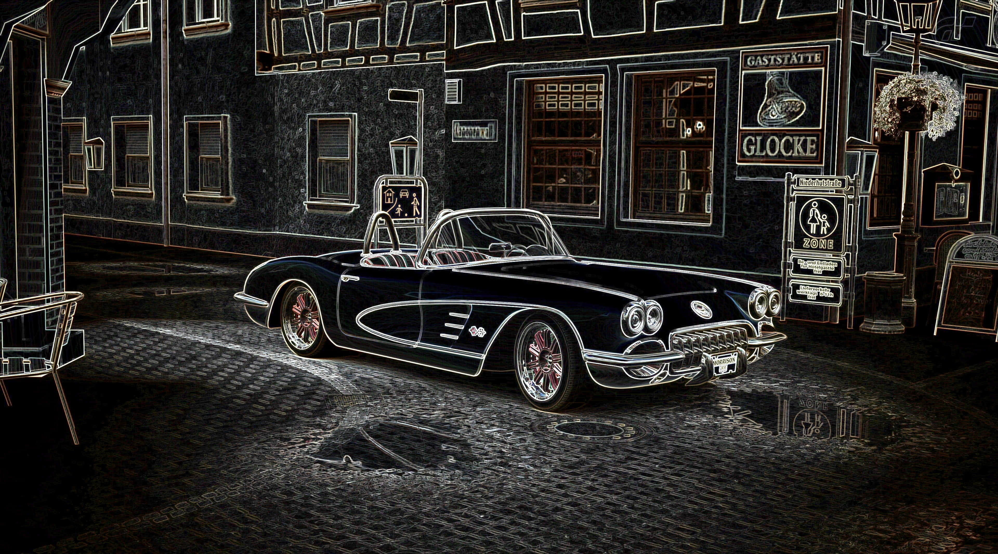 Chevrolet Corvette C1, black, neon lights, 4K Desktop Wallpaper