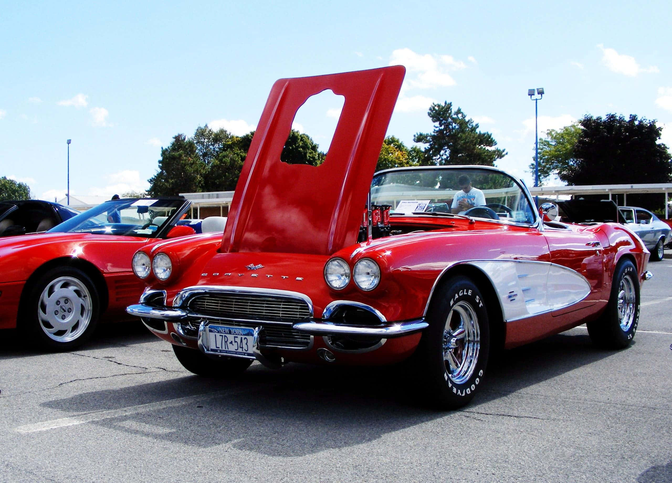 Chevrolet Corvette C1, vibrant red, hood open, 2K Desktop Wallpaper