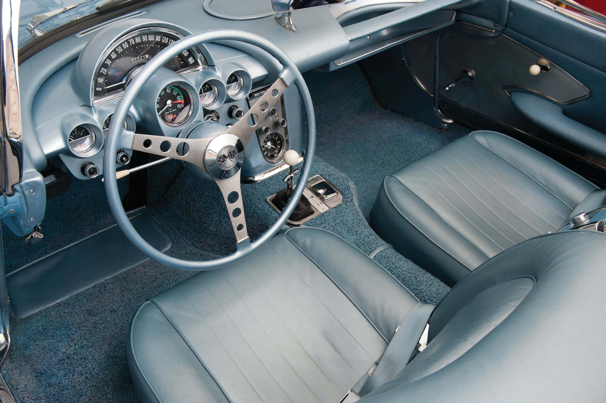 Chevrolet Corvette C1, vintage red, blue leather seats, Full HD Desktop Wallpaper