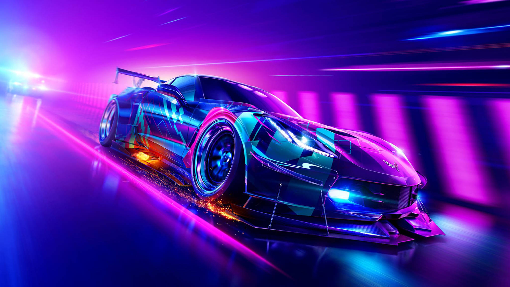 Chevrolet Corvette, neon-drenched tunnel, glowing purple, Full HD Desktop Wallpaper