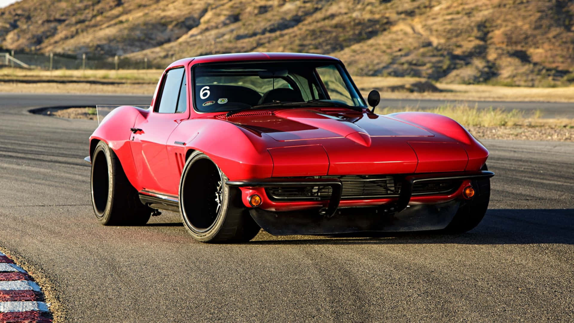 1963 Chevrolet Corvette C2, vibrant red, desert racetrack, Full HD Desktop Wallpaper