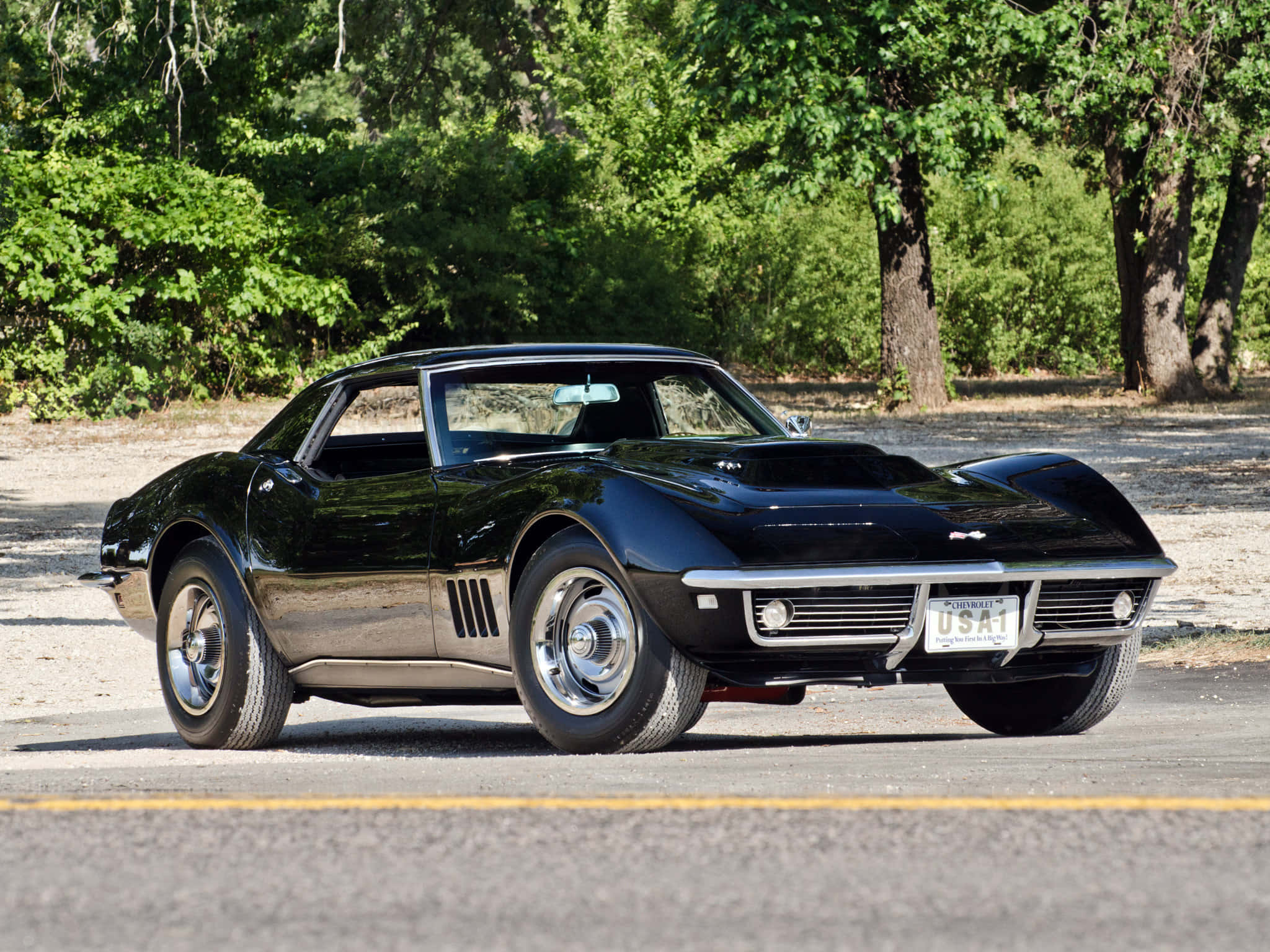 Chevrolet Corvette C3, glossy black, sunlit asphalt road, Full HD Desktop Wallpaper