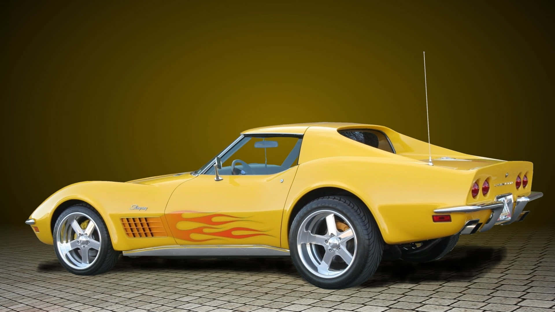 Chevrolet Corvette C3, vibrant yellow, orange flame decals, Full HD Desktop Wallpaper