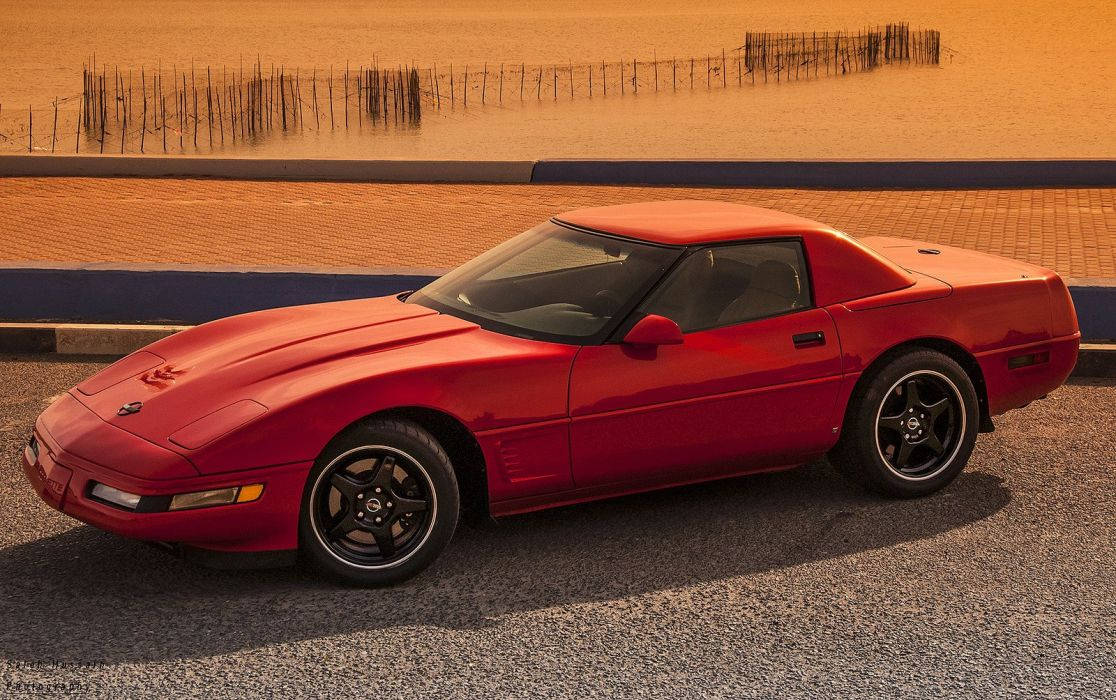 C4 Corvette, glossy red, gravel, SD Desktop Wallpaper