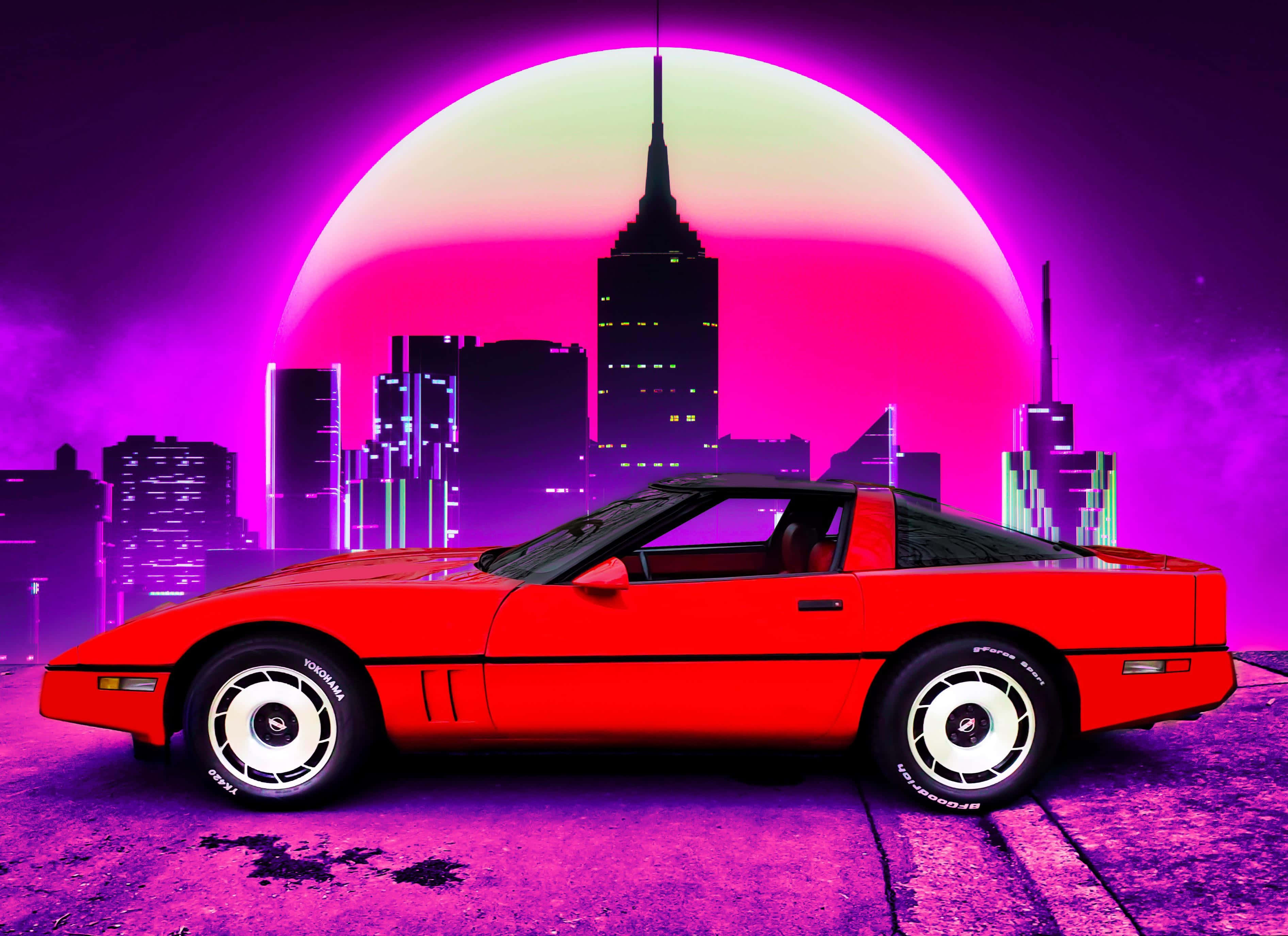 Chevrolet Corvette C4, vibrant red, neon-drenched city skyline, 2K Desktop Wallpaper