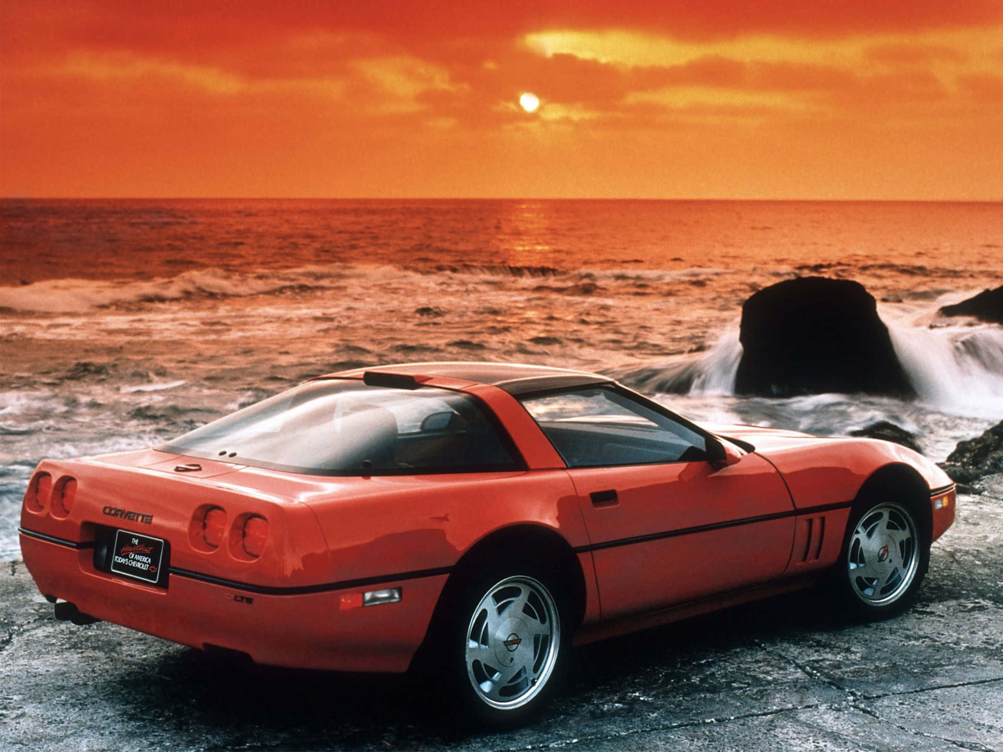Chevrolet Corvette C4, fiery sunset, rocky seaside cliff, Full HD Desktop Wallpaper