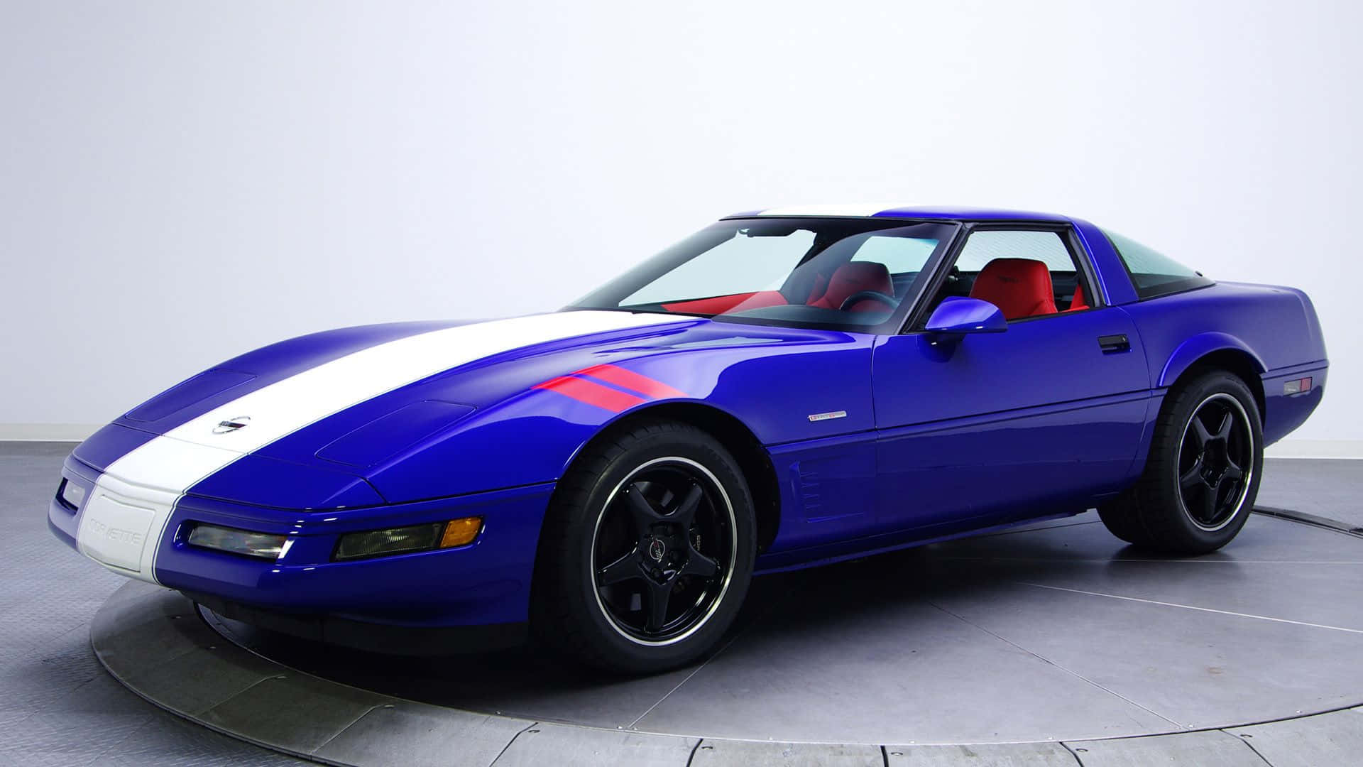 Chevrolet Corvette C4, vibrant blue, white and red stripes, Full HD Desktop Wallpaper