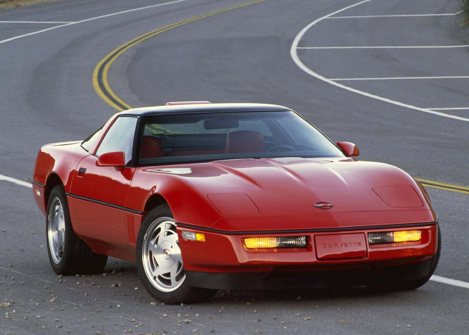 Chevrolet Corvette C4, vibrant red, curved asphalt road, HD Desktop Wallpaper