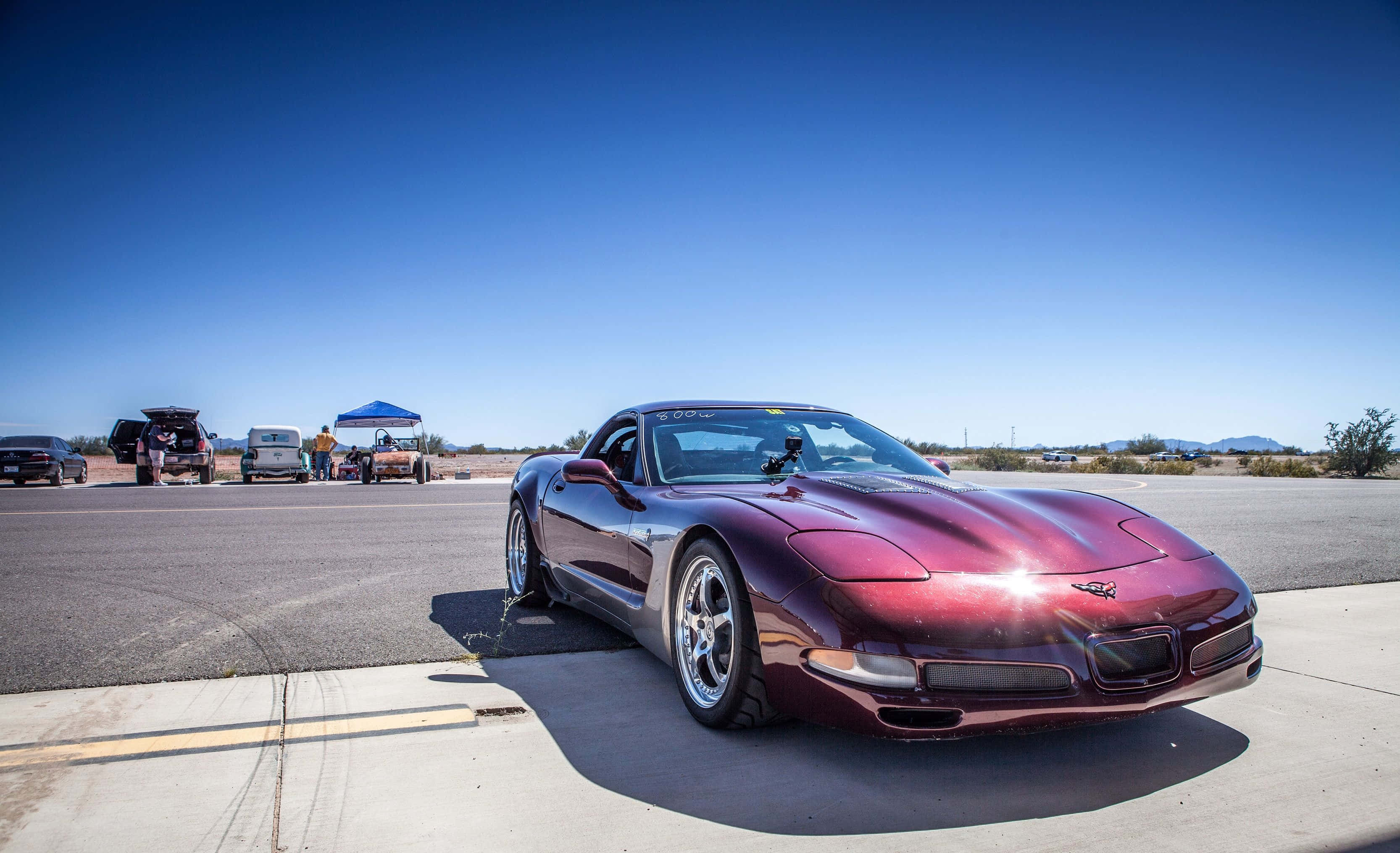 Chevrolet Corvette C5, glossy maroon, desert sun, 2K Desktop Wallpaper