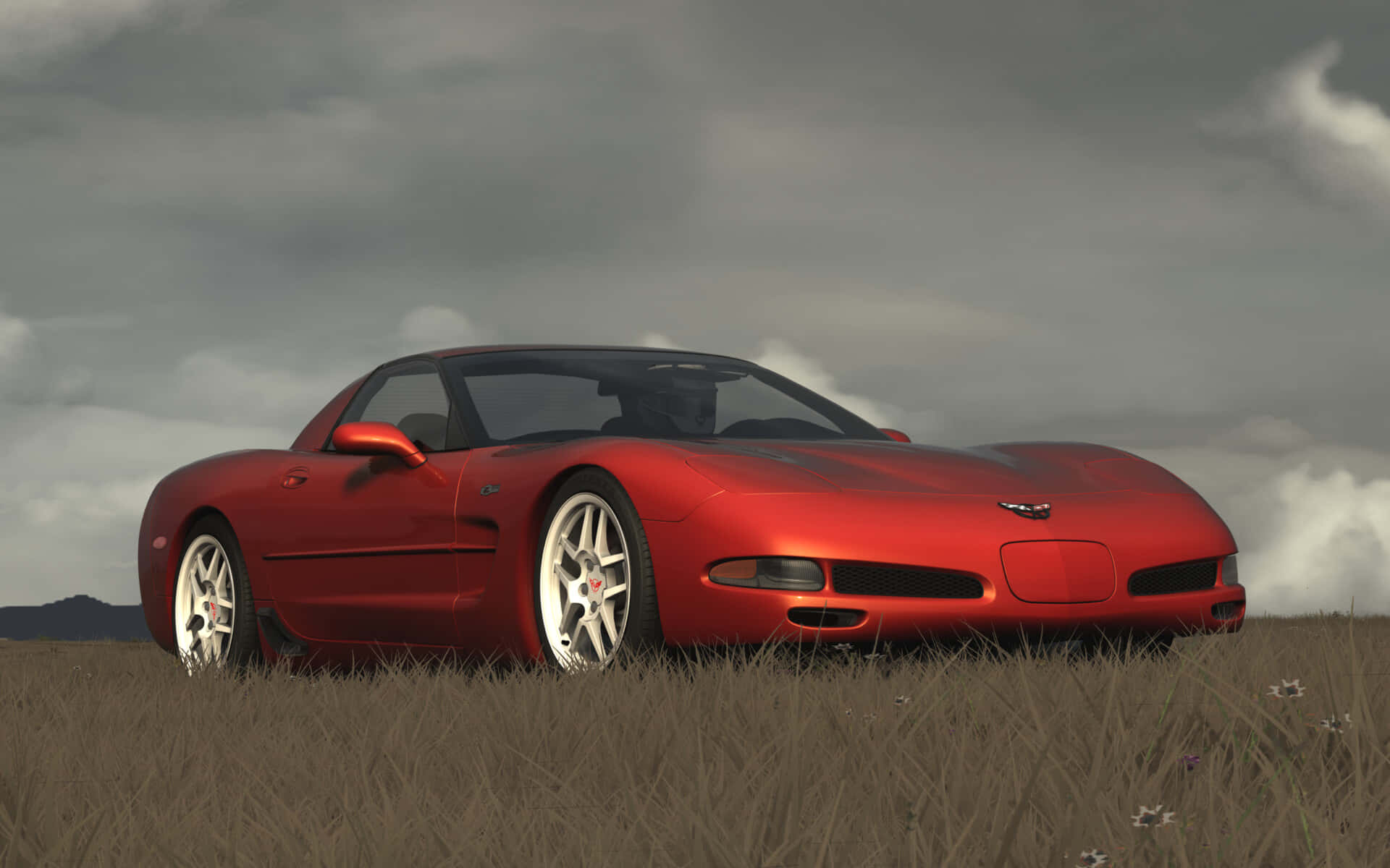 Chevrolet Corvette C5, glossy red, dry grass, Full HD Desktop Wallpaper