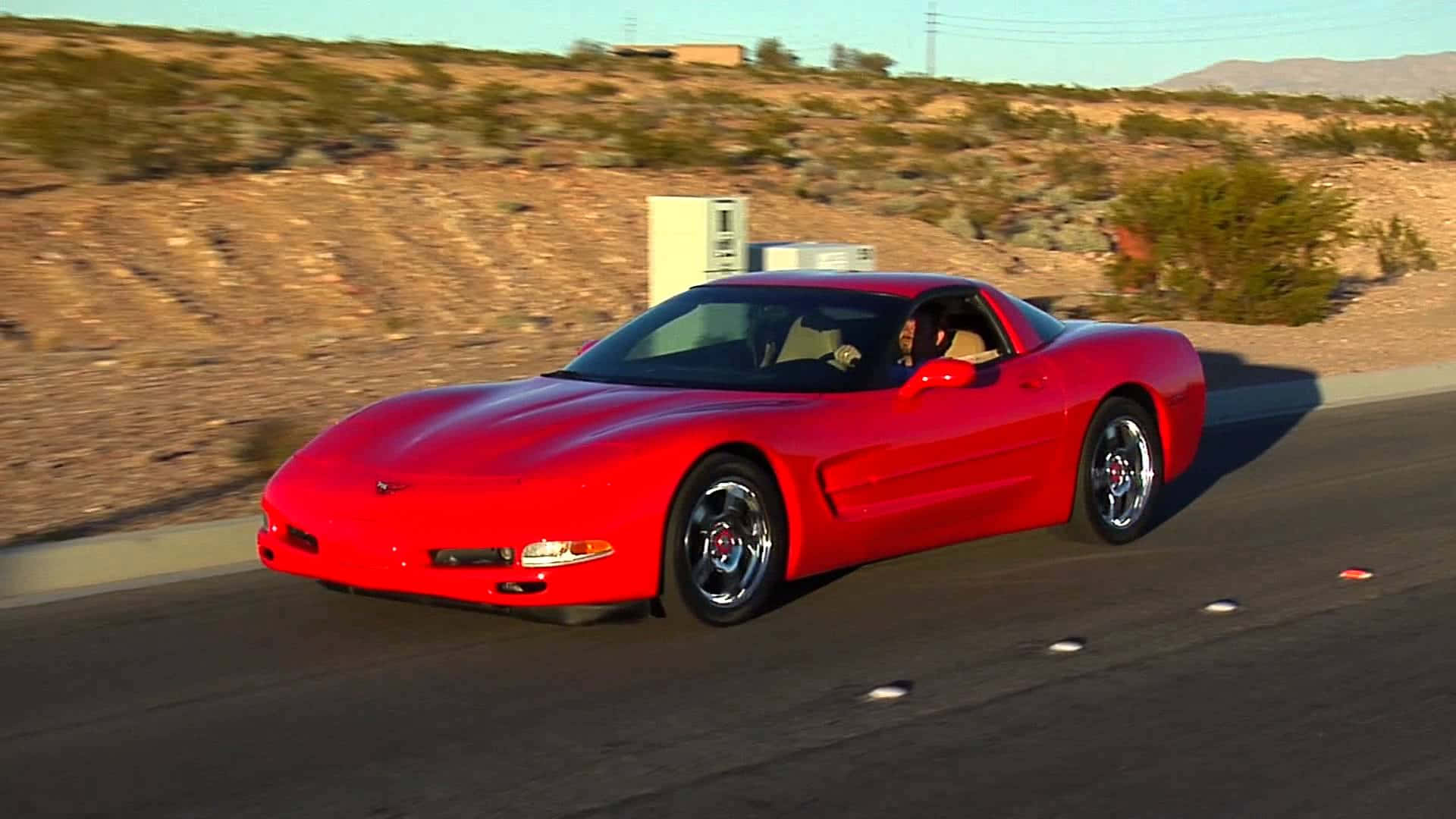 Chevrolet Corvette C5, vibrant red, desert highway, Full HD Desktop Wallpaper