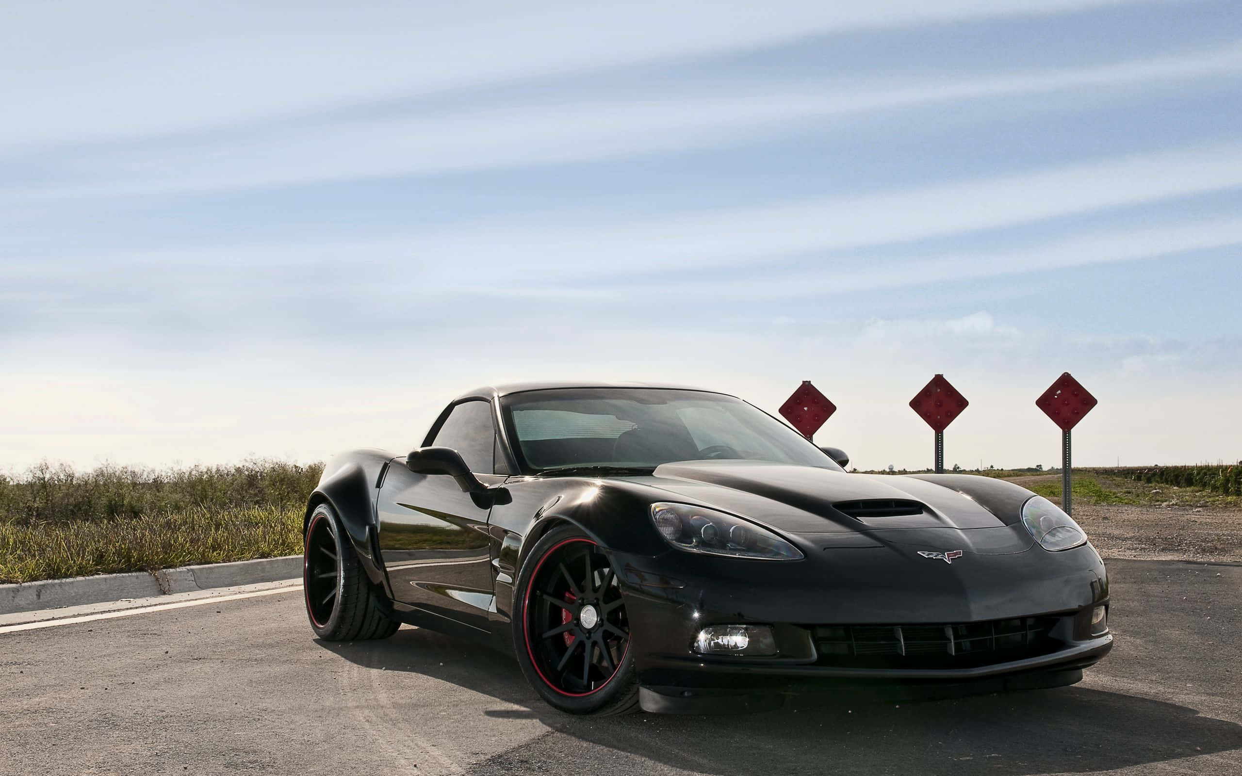 Chevrolet Corvette C6, black, red-accented wheels, 2K Desktop Wallpaper