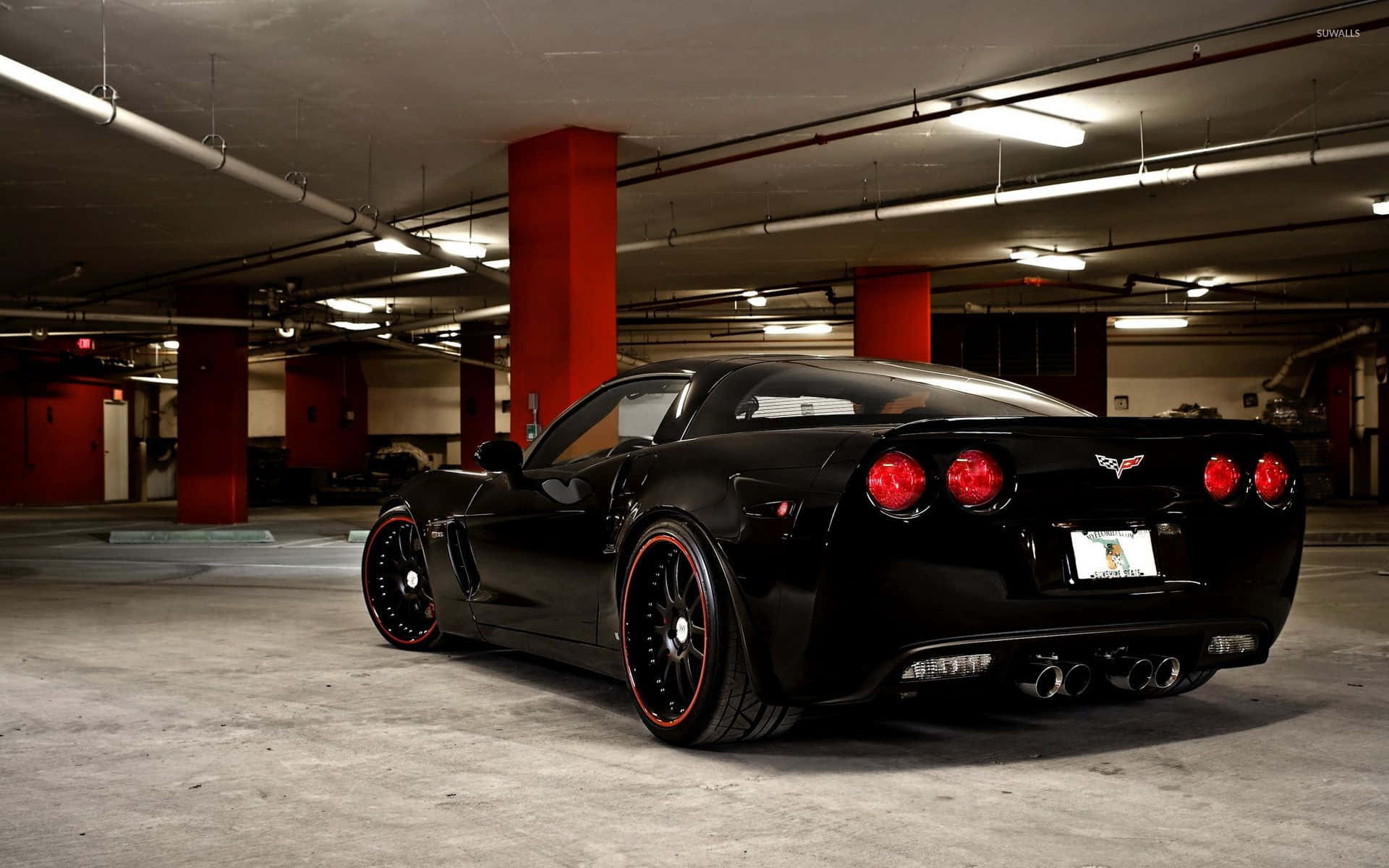 Chevrolet Corvette C6, glossy black, red-accented rims, Full HD Desktop Wallpaper