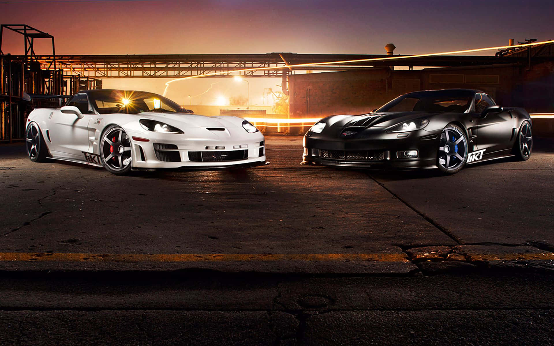 Chevrolet Corvette C6, fiery sunset, industrial yard, Full HD Desktop Wallpaper