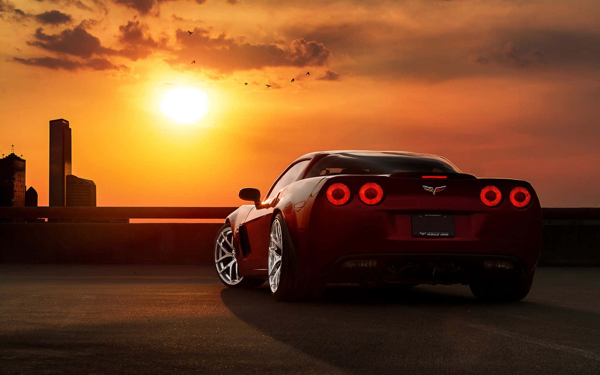 Chevrolet Corvette C6, red sports car, fiery sunset sky, Full HD Desktop Wallpaper