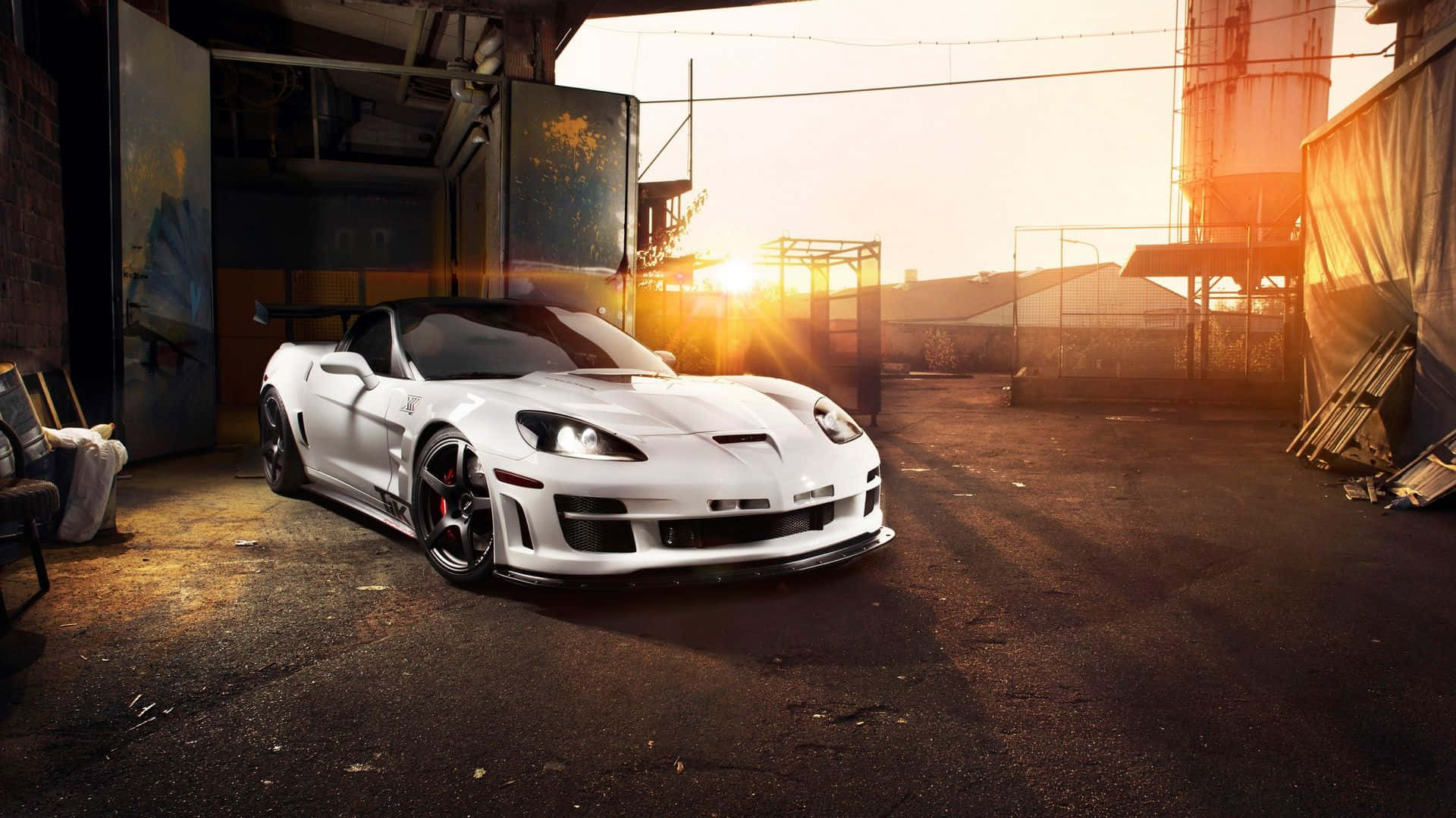Chevrolet Corvette C6, white, golden sunset light, Full HD Desktop Wallpaper