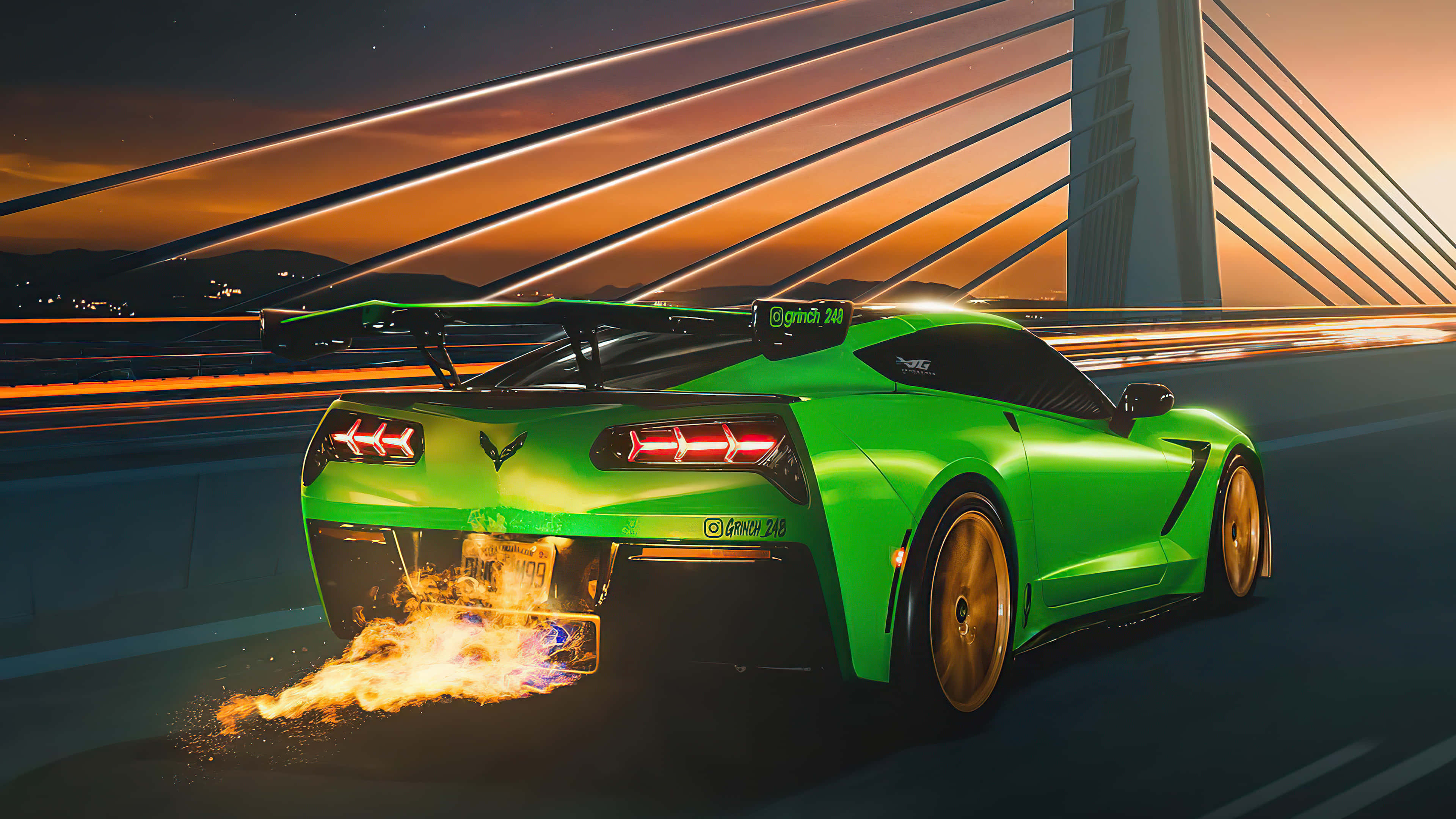 Chevrolet Corvette C7, neon green, fiery exhaust, 4K Desktop Wallpaper