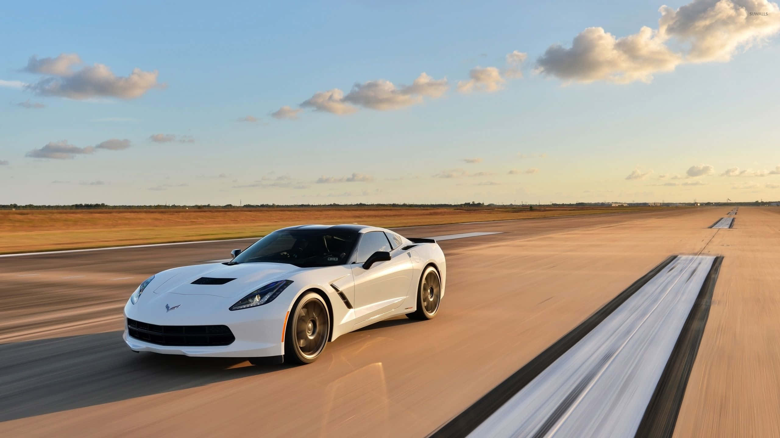 Chevrolet Corvette C7, white sports car, long runway, 2K Desktop Wallpaper