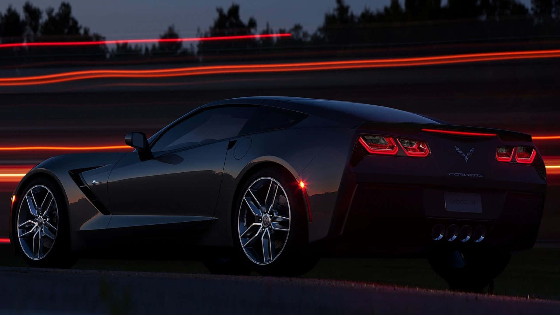 Chevrolet Corvette C7, black, vibrant red light trails, Full HD Desktop Wallpaper