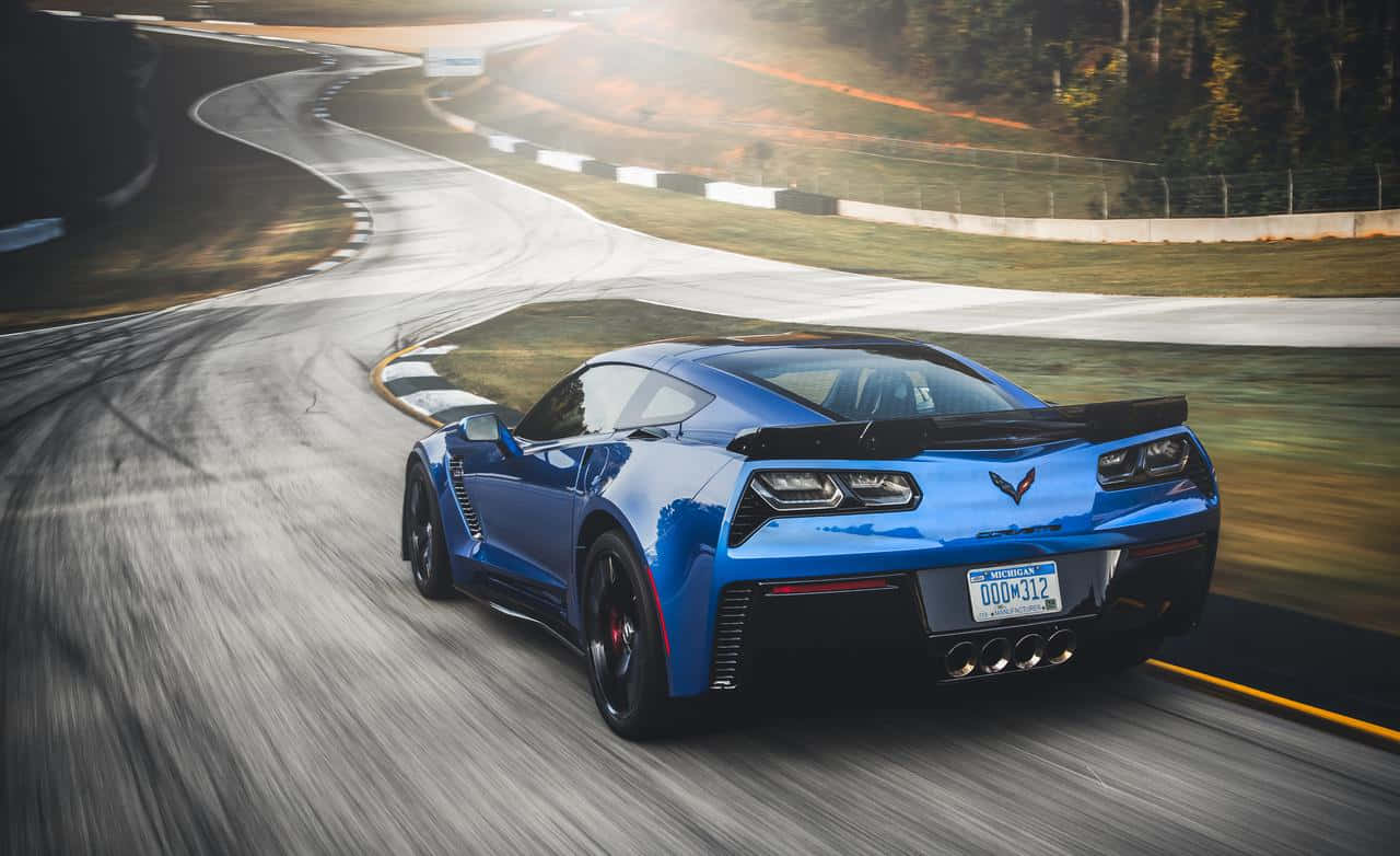 Chevrolet Corvette C7, vibrant blue, winding racetrack, HD Desktop Wallpaper