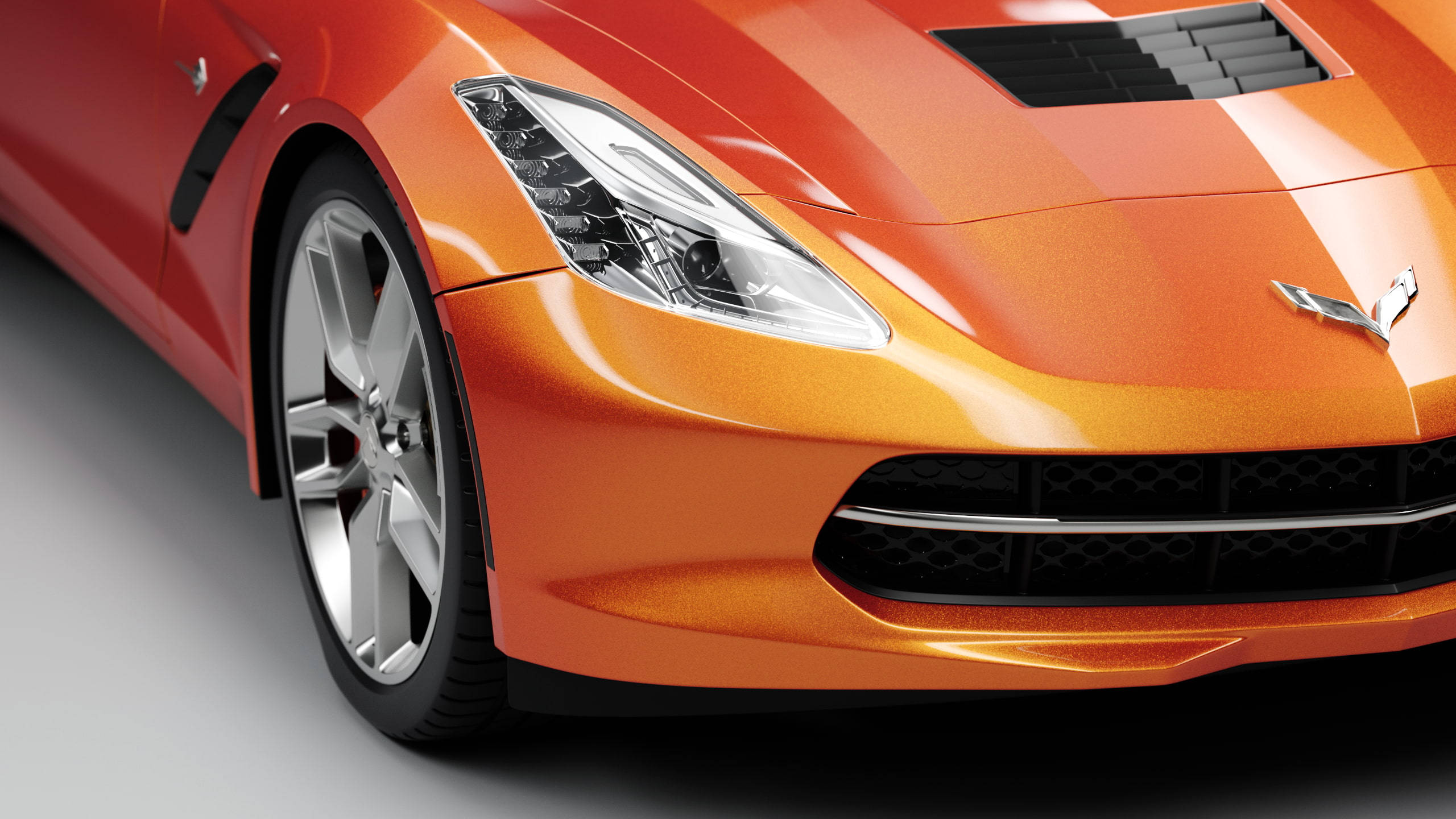 Chevrolet Corvette, orange, sleek headlights, 2K Desktop Wallpaper