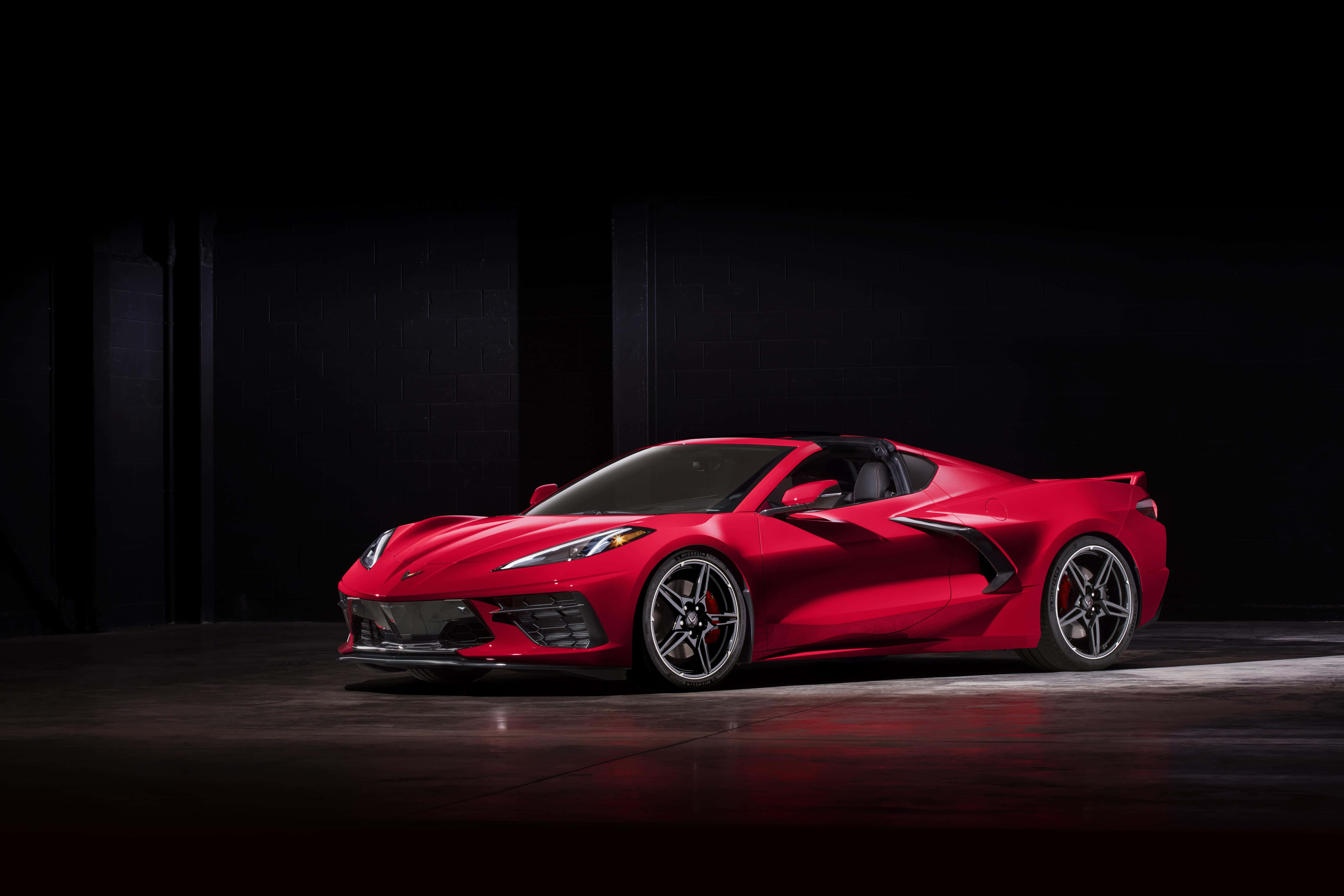 Chevrolet Corvette C8, red, dramatic spotlight, 5K Desktop Wallpaper