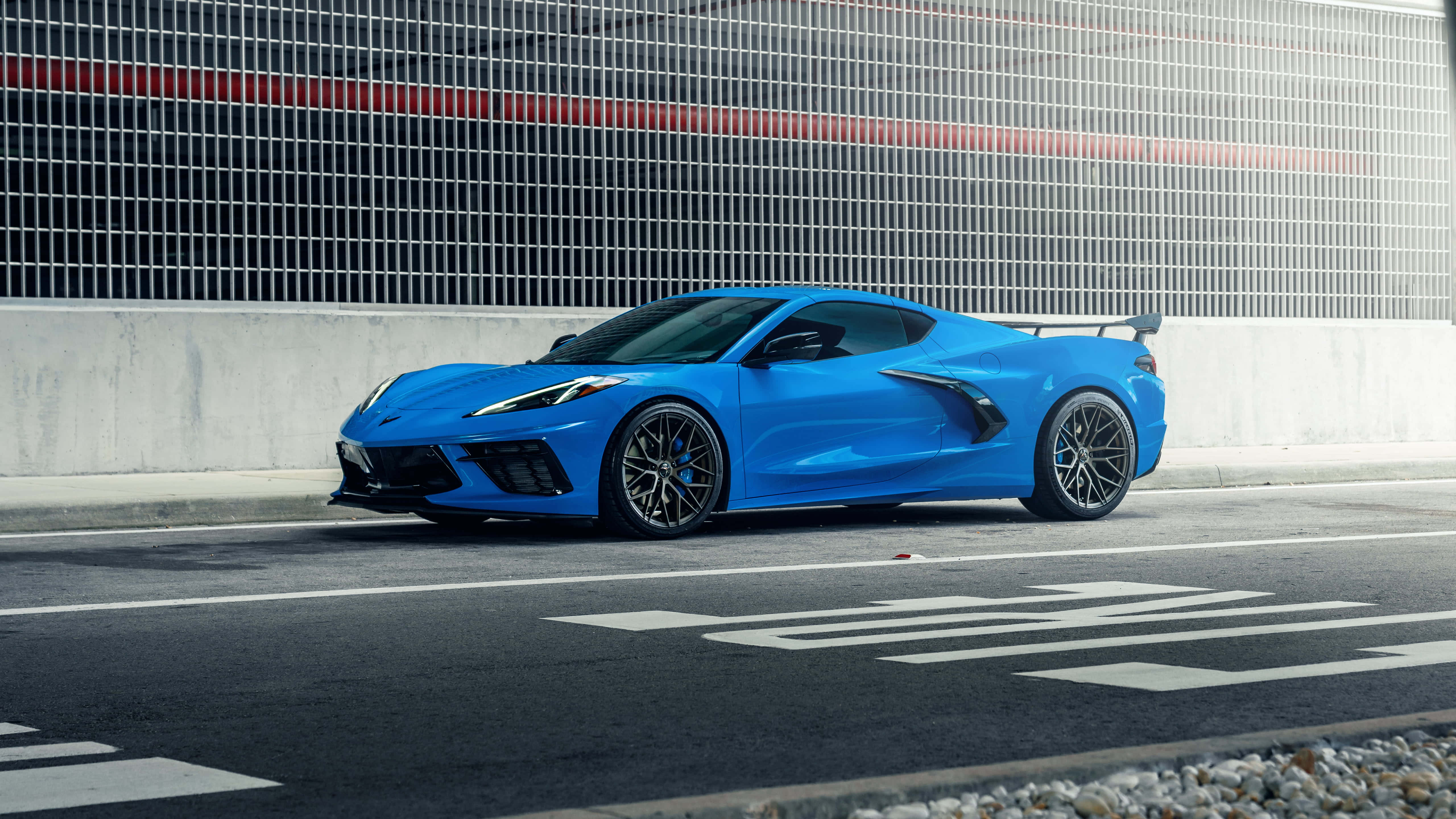 Chevrolet Corvette C8, vibrant blue, black accents, 5K Desktop Wallpaper