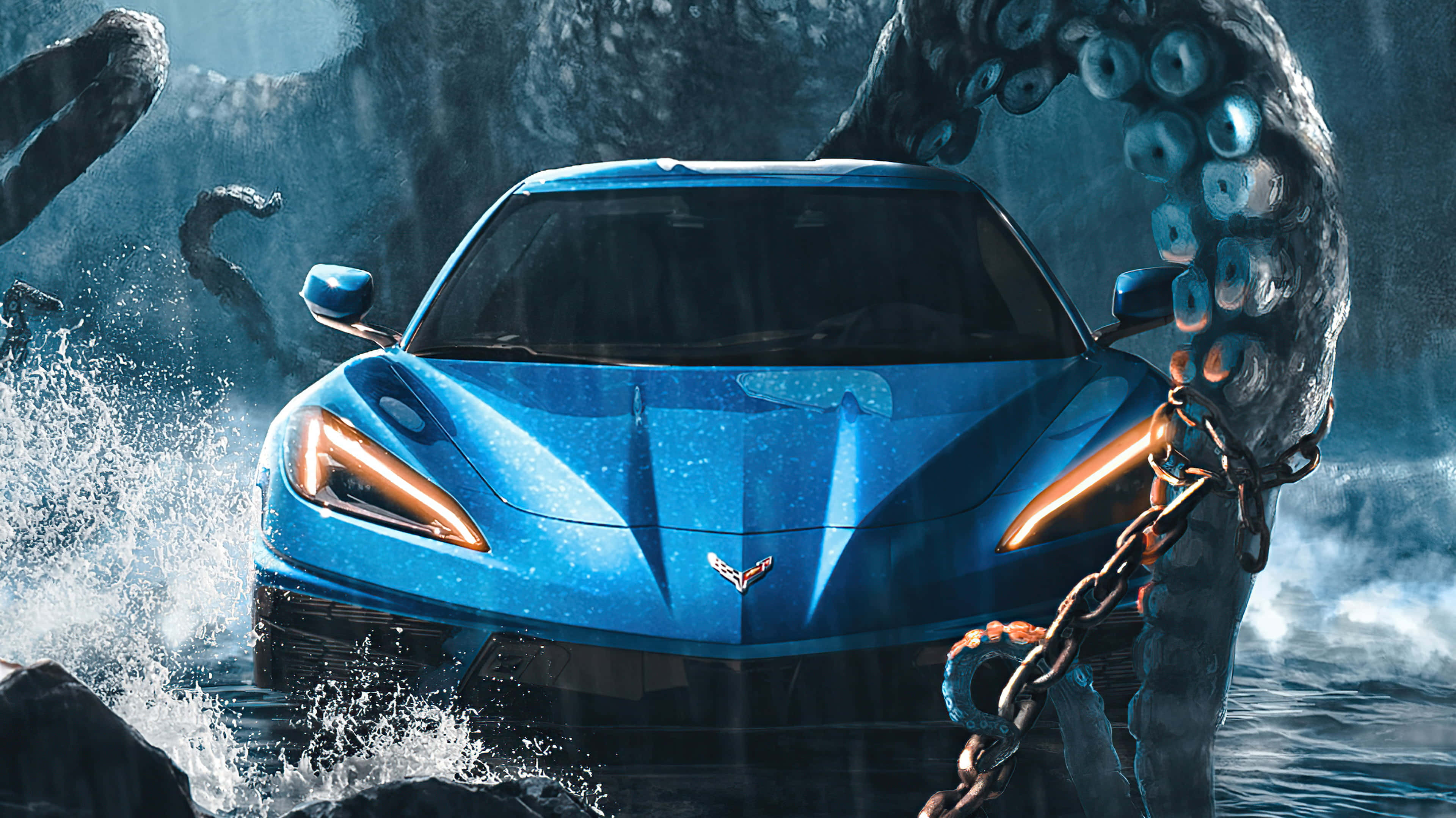Chevrolet Corvette C8, vibrant blue, stormy waters, 4K Desktop Wallpaper
