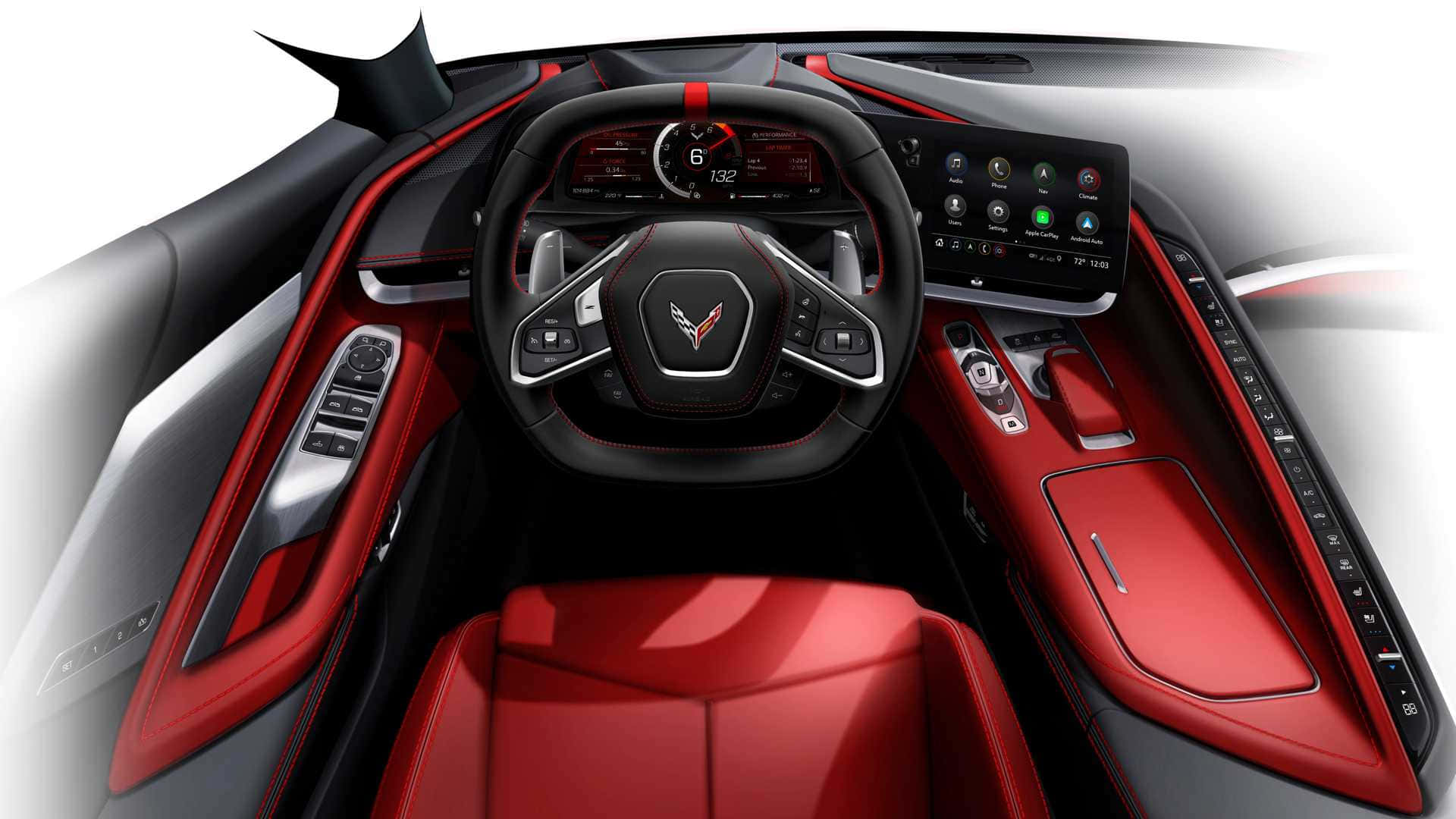Chevrolet Corvette C8, red leather seats, black dashboard, Full HD Desktop Wallpaper