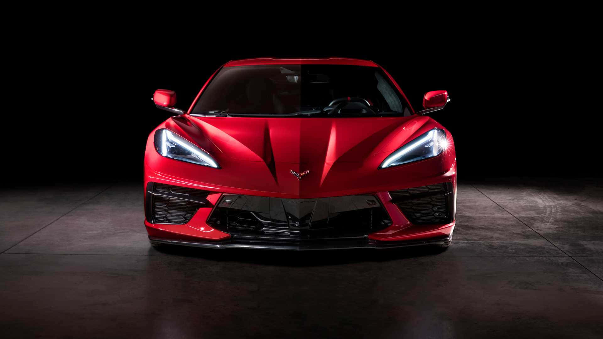 Chevrolet Corvette C8, glossy red, studio lights, Full HD Desktop Wallpaper