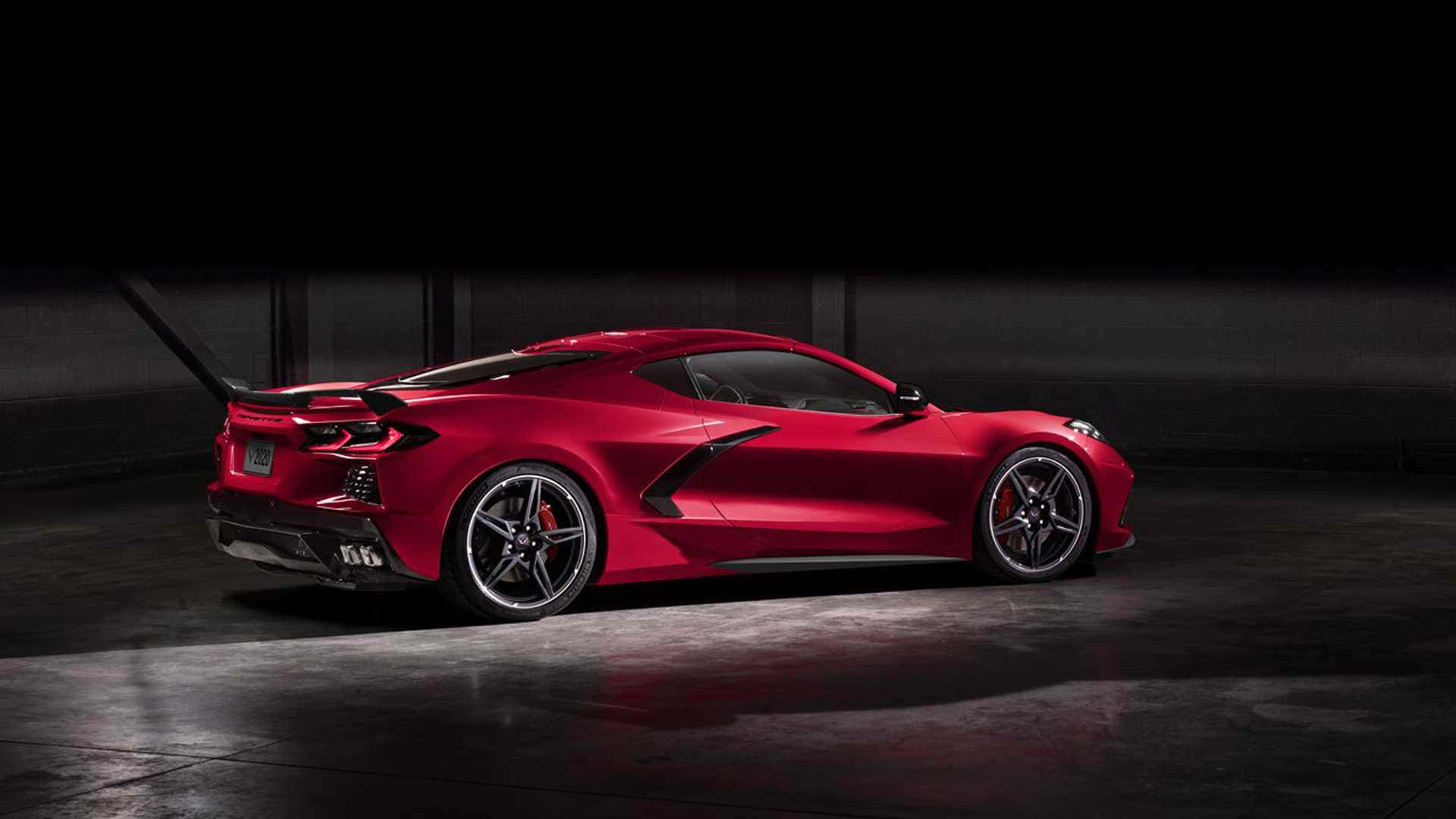 Chevrolet Corvette C8, glossy red, black accents, Full HD Desktop Wallpaper