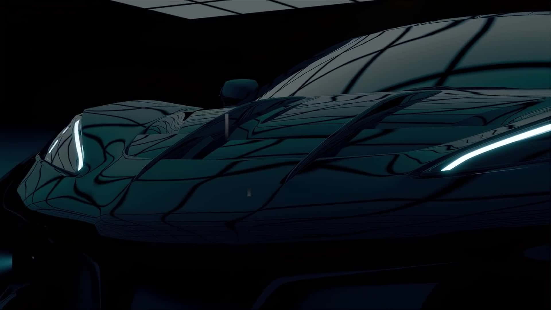 Chevrolet Corvette C8, dark blue, glowing white headlights, Full HD Desktop Wallpaper