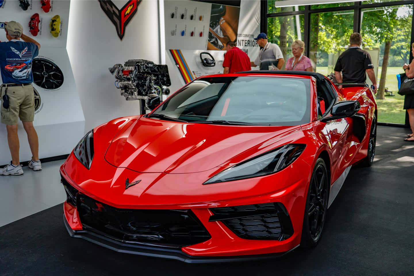 Chevrolet Corvette C8, glossy red, modern showroom, HD Desktop Wallpaper