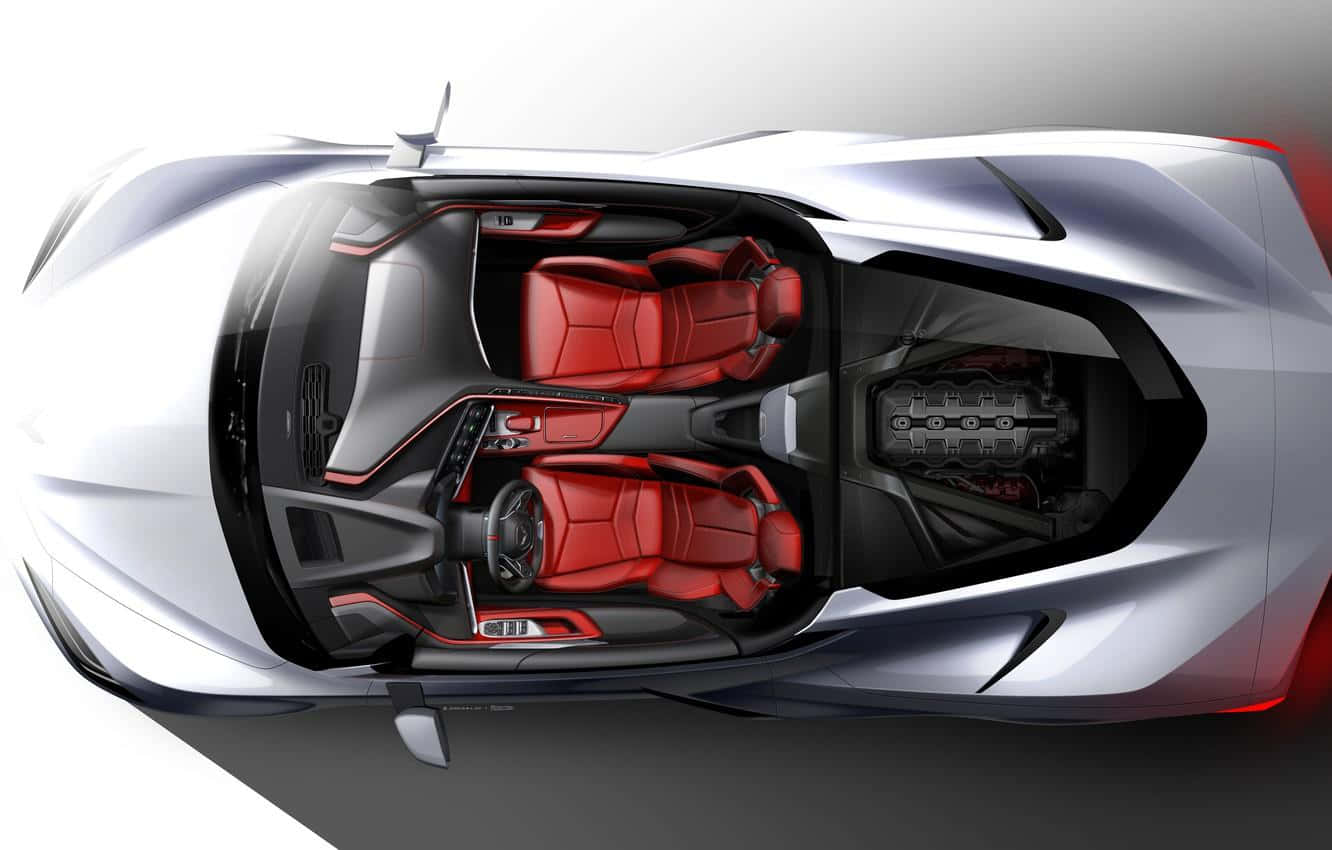 Chevrolet Corvette C8, futuristic silver sports car, red leather seats, HD Desktop Wallpaper