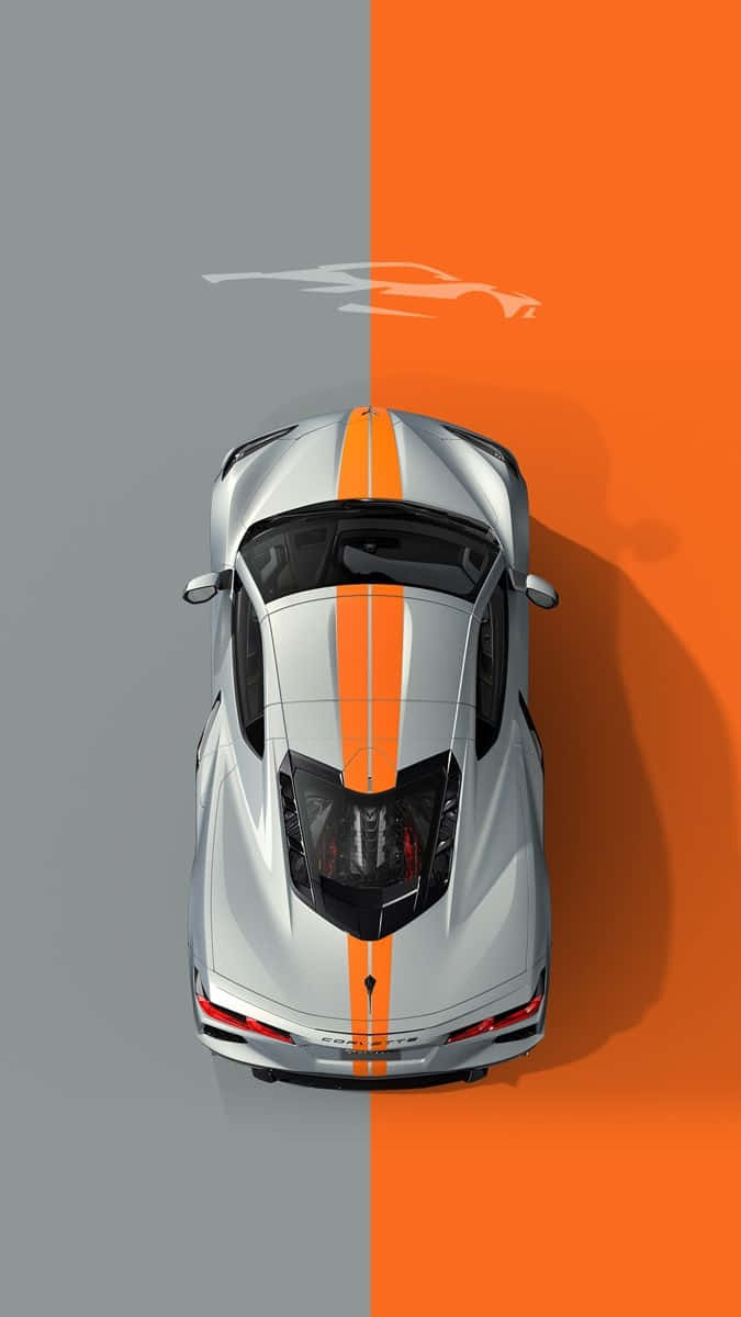 Chevrolet Corvette C8, silver sports car, orange stripes, SD Phone Wallpaper