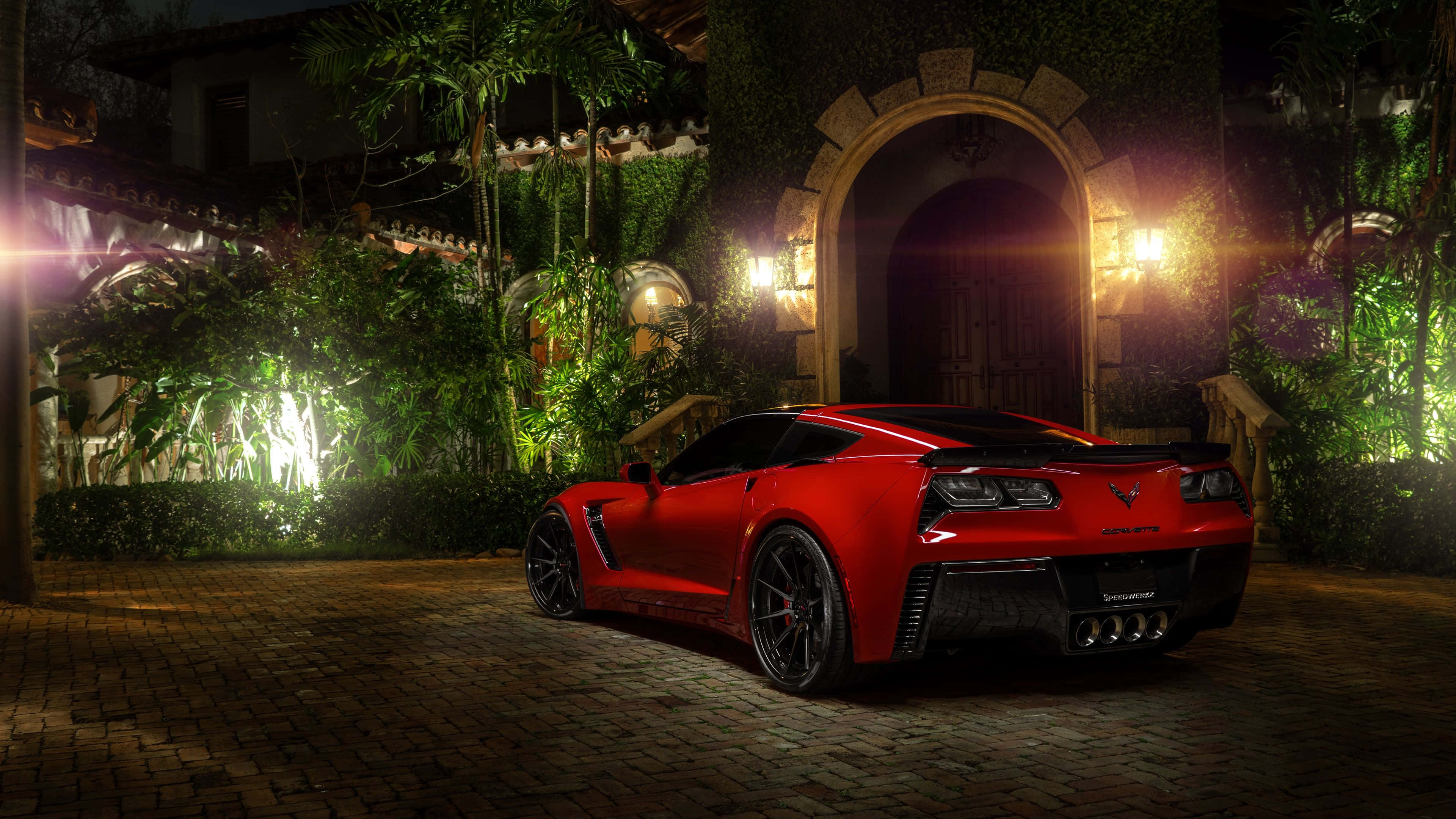 Chevrolet Corvette Z06, glossy red, night, 4K Desktop Wallpaper
