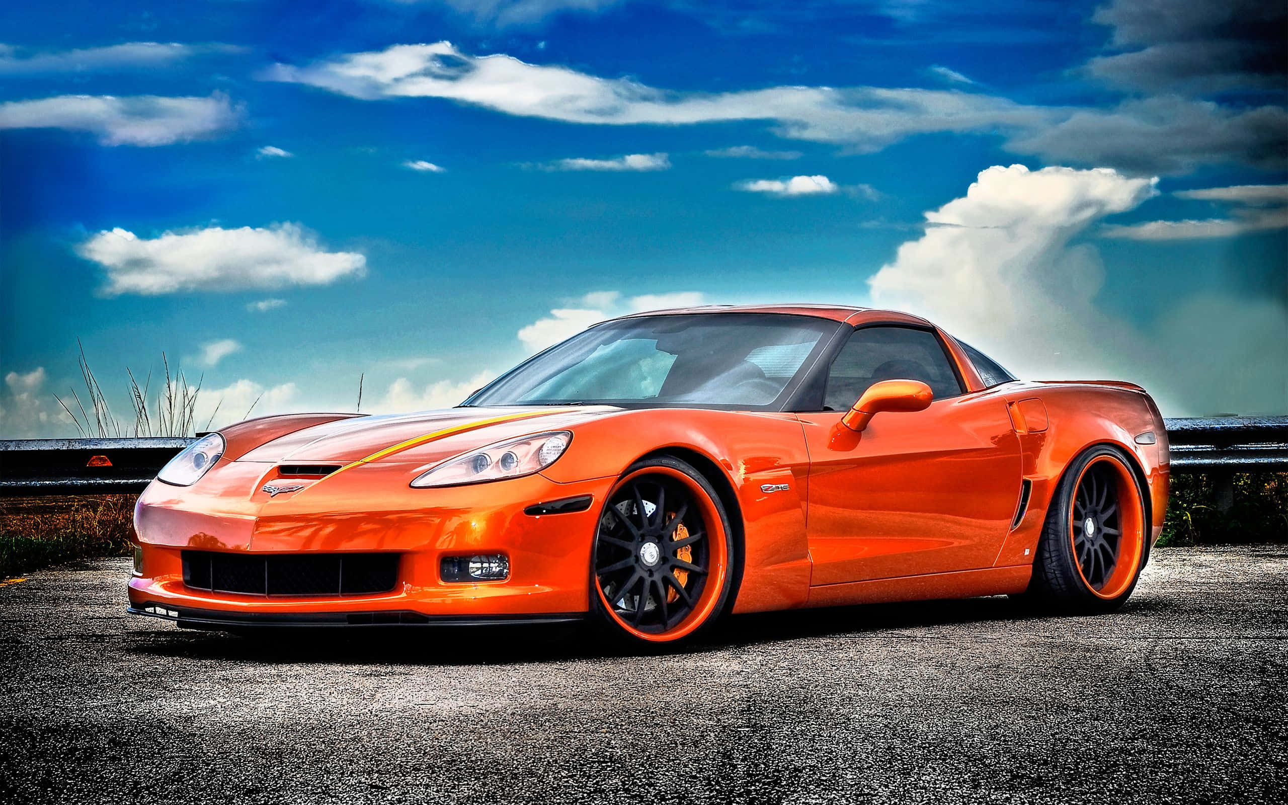 Chevrolet Corvette Z06, vibrant orange, black rims, 2K Desktop Wallpaper