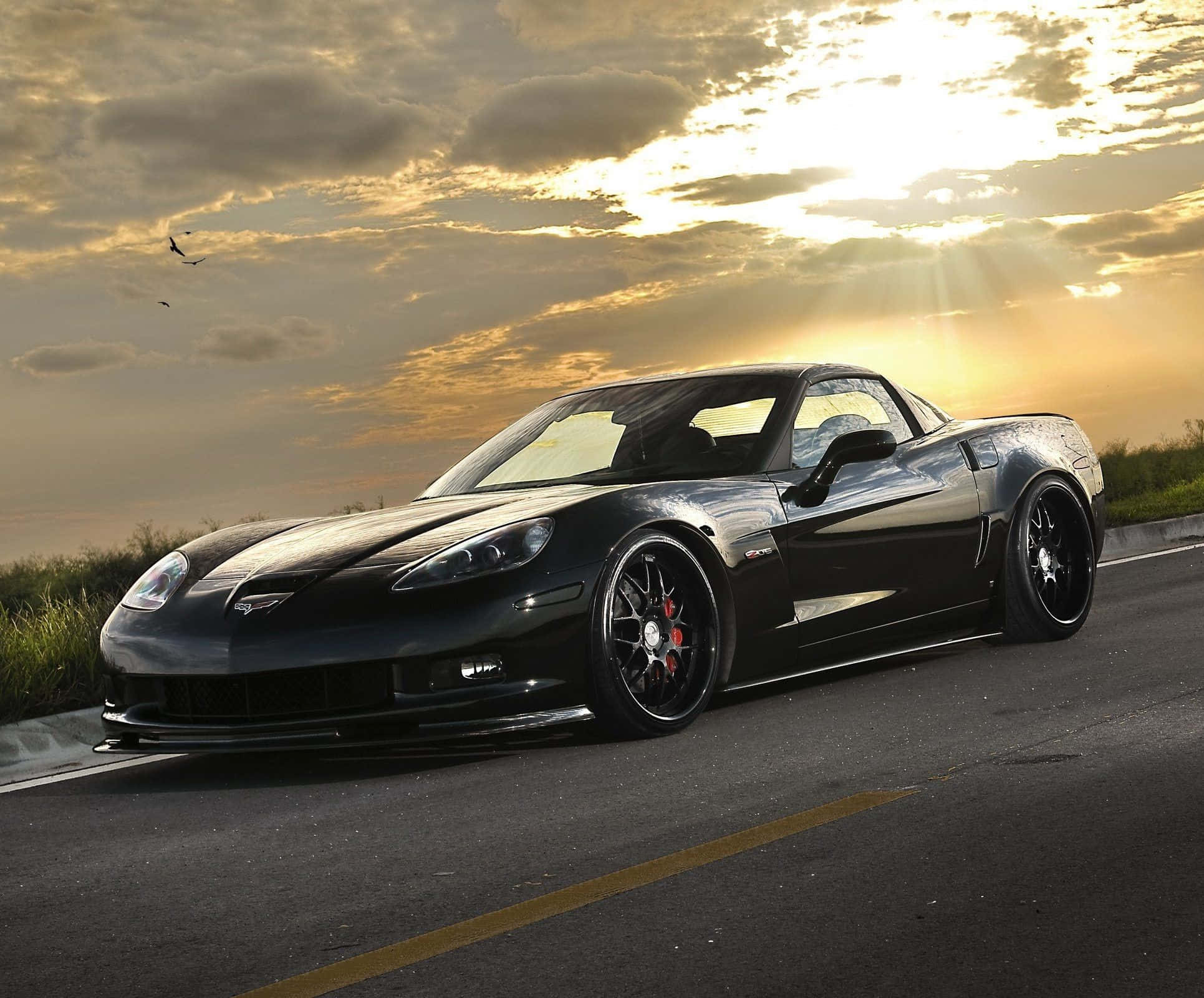 Chevrolet Corvette Z06, black, golden sunset sky, Full HD Desktop Wallpaper